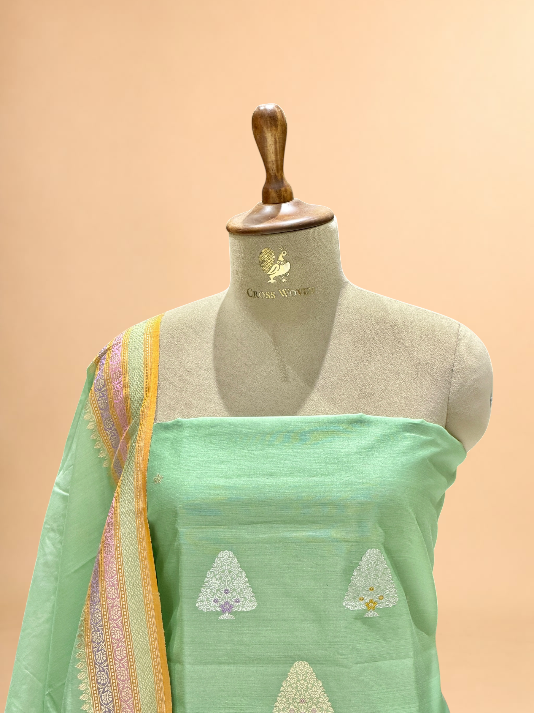 Pista Green Premium Cotton Banarasi Suit With Meenakari Floral Motif