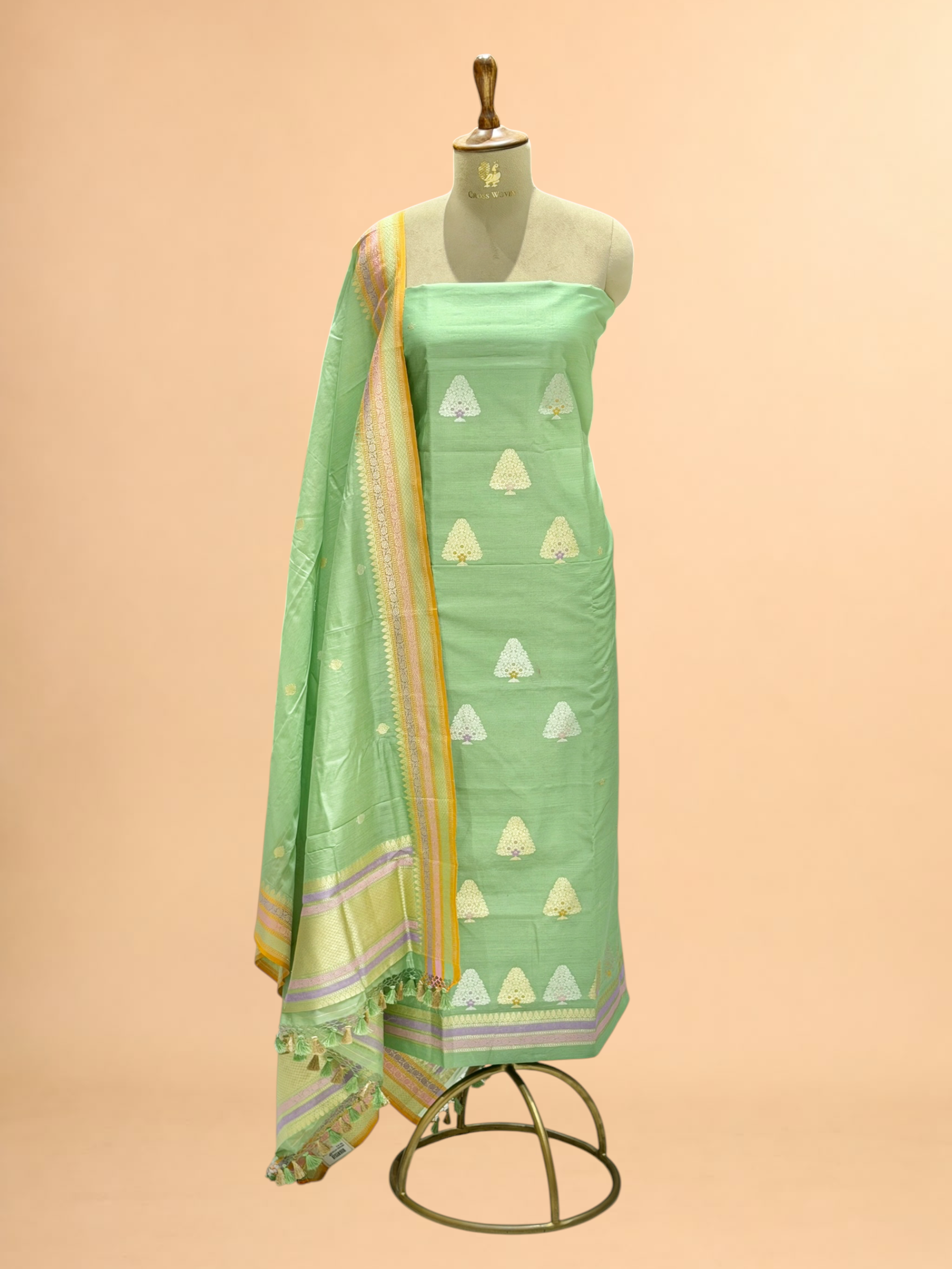 Pista Green Premium Cotton Banarasi Suit With Meenakari Floral Motif