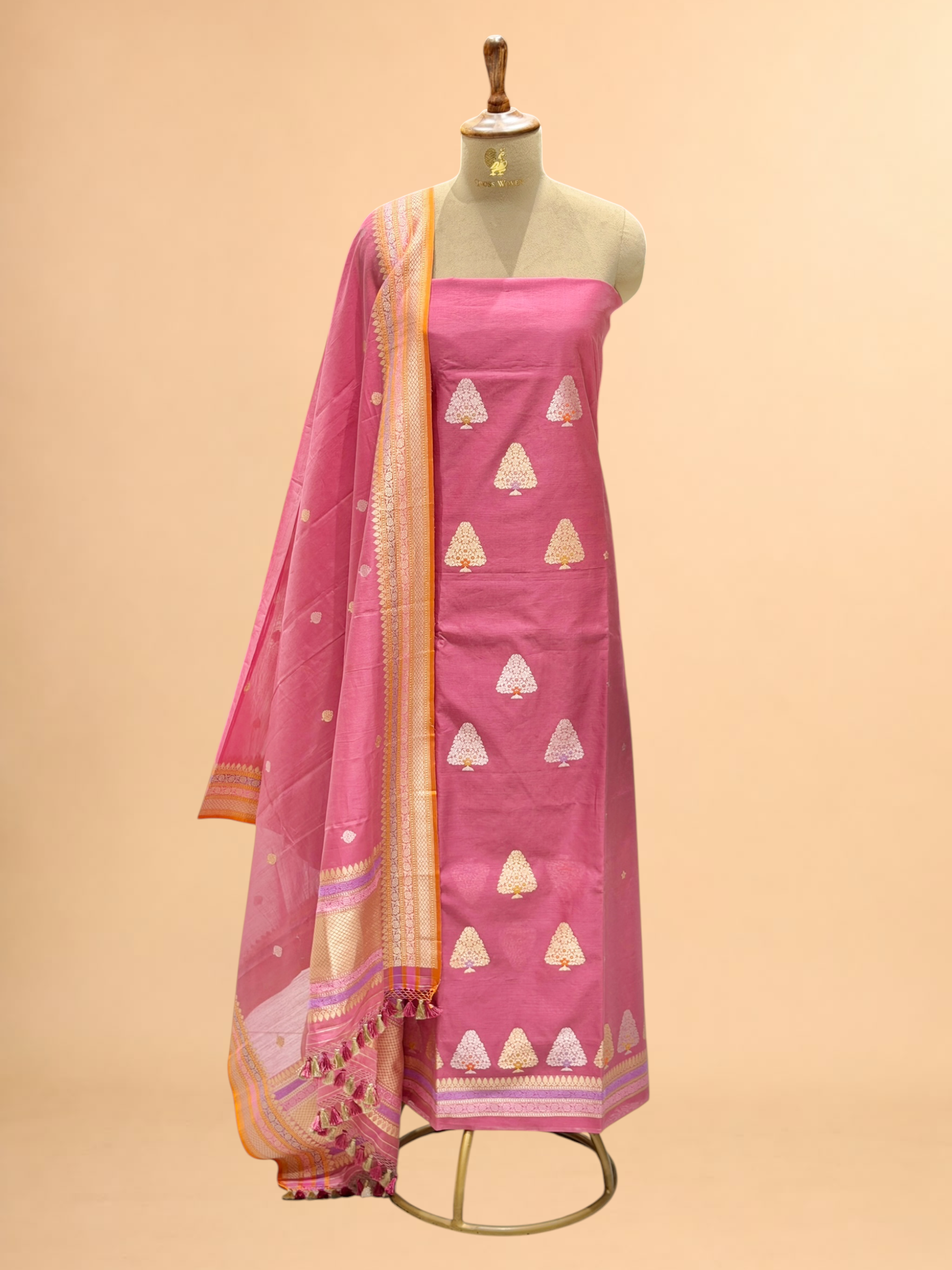 Blush Pink Premium Cotton Banarasi Suit With Meenakari Floral Motif