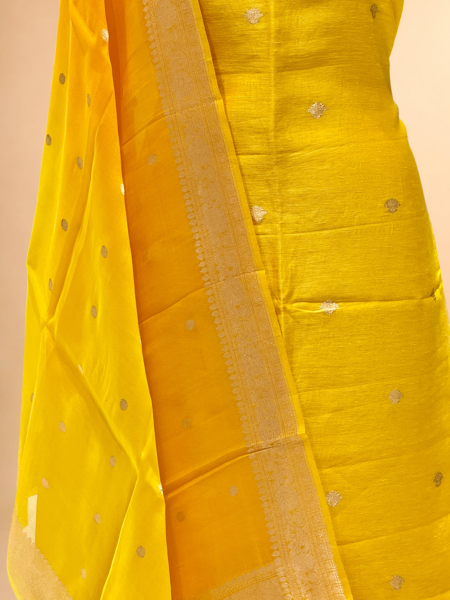 Sunshine Yellow Linen Floral Suit Set with ombré Dupatta