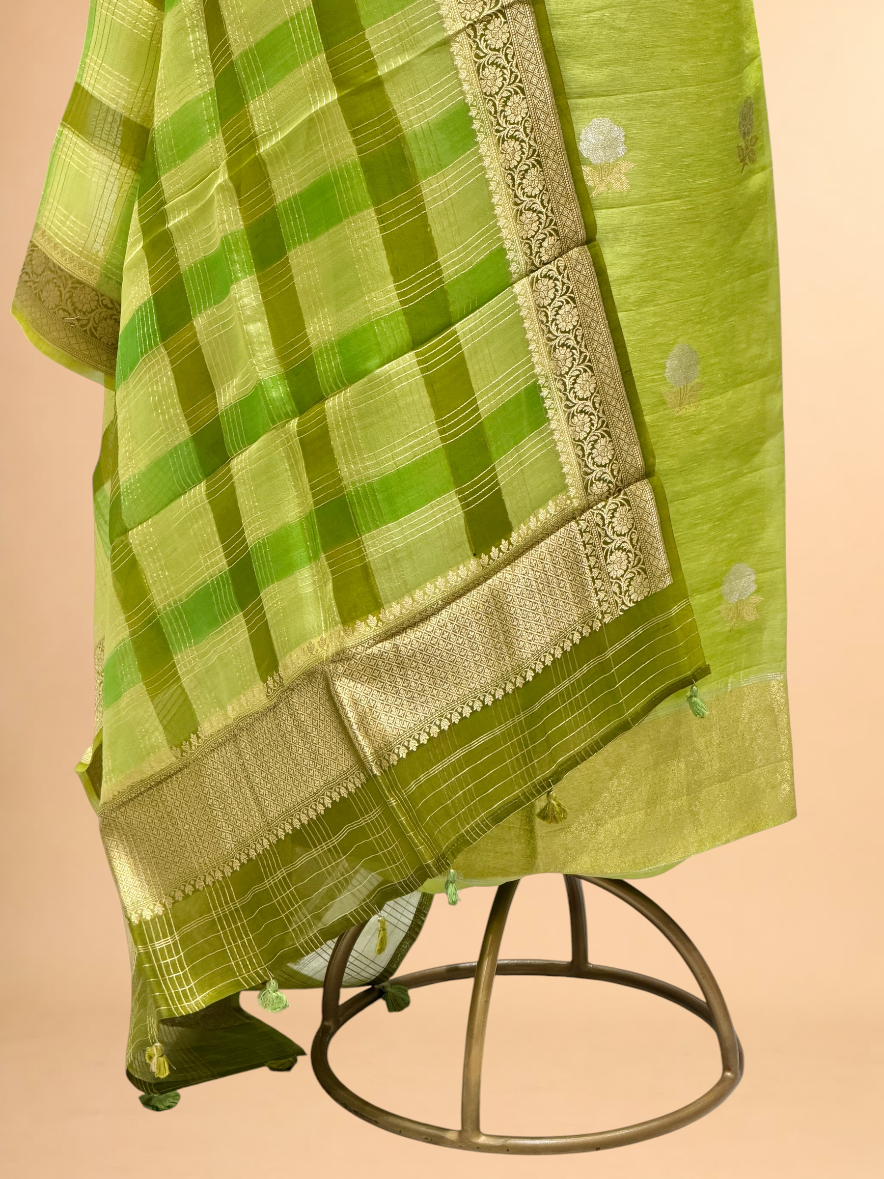 lime Green Linen Floral Suit Set with Organza Dupatta