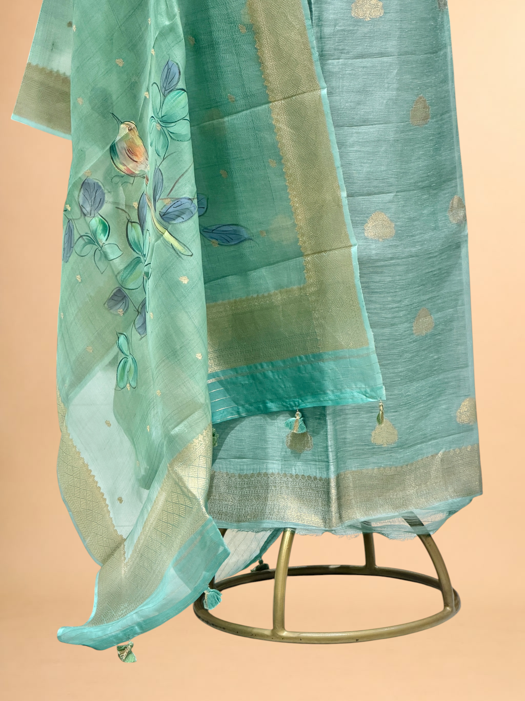 Powder Blue Linen Floral Suit Set with Handbrushed Dyed Dupatta