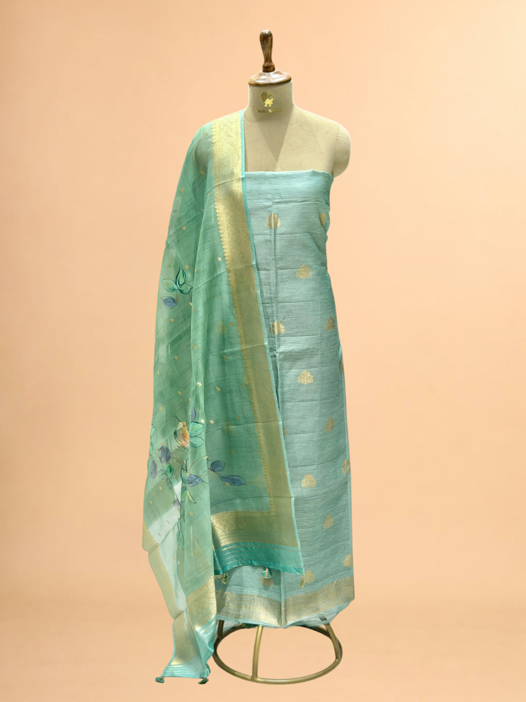 Powder Blue Linen Floral Suit Set with Handbrushed Dyed Dupatta