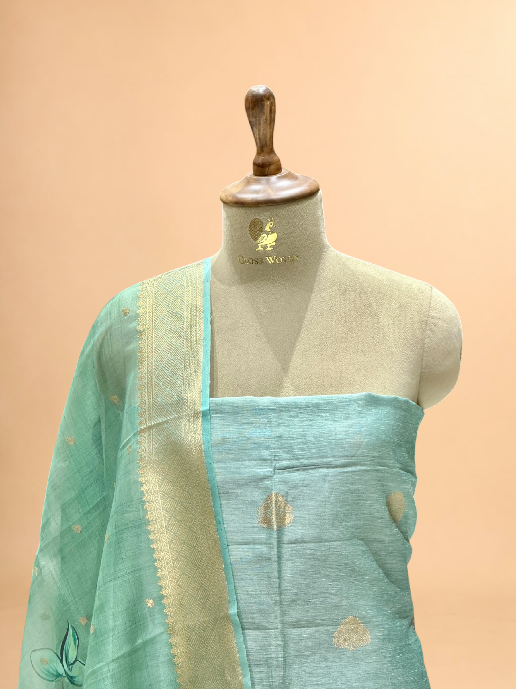 Powder Blue Linen Floral Suit Set with Handbrushed Dyed Dupatta