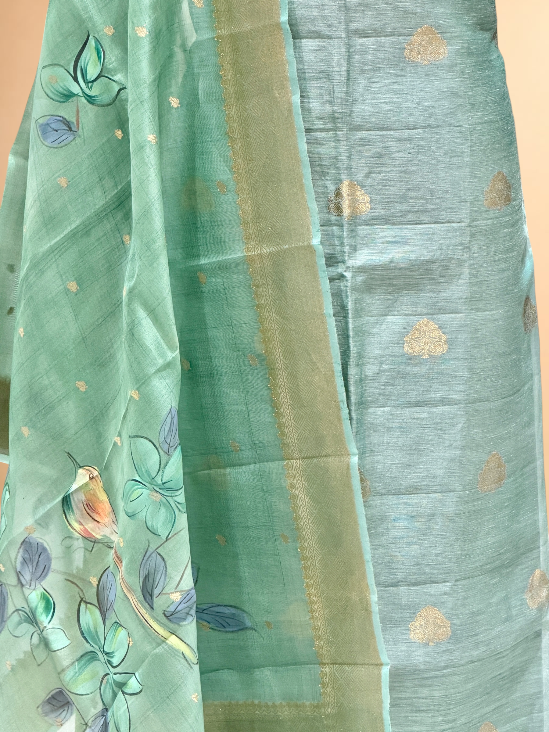 Powder Blue Linen Floral Suit Set with Handbrushed Dyed Dupatta