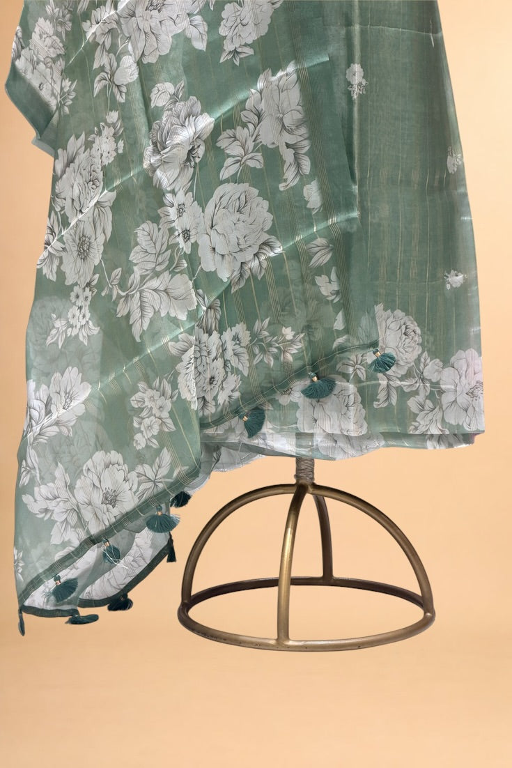 Sage Green Printed Banarasi Pure Organza Silk Suit Set