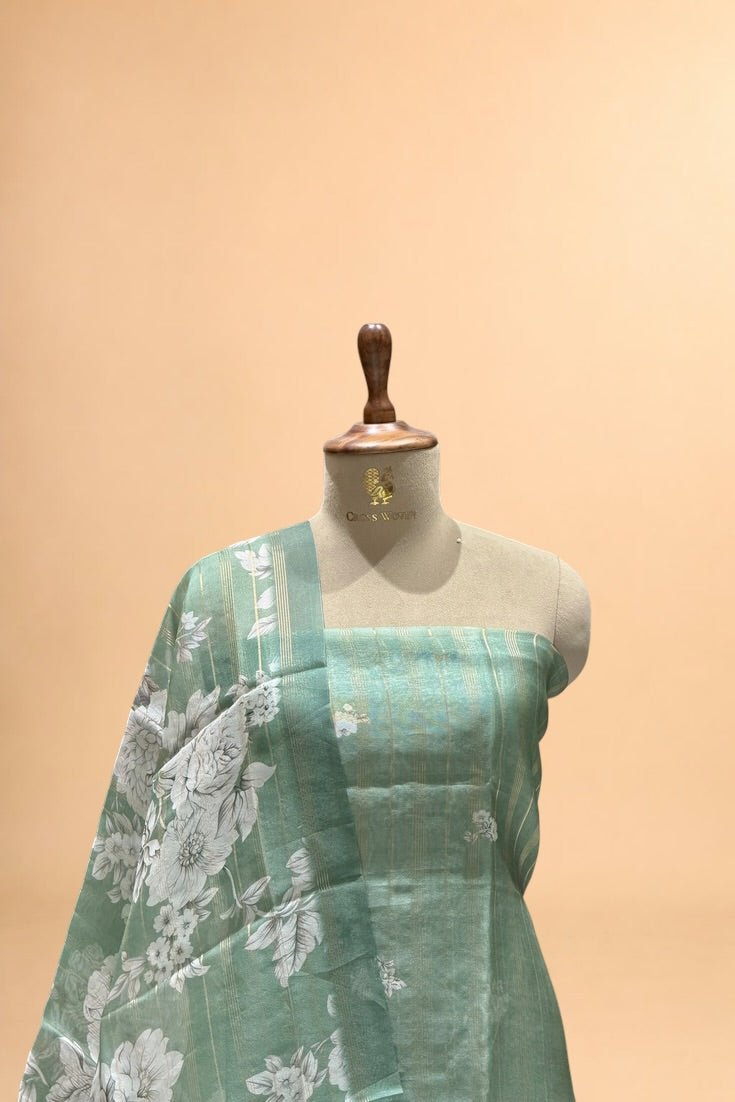 Sage Green Printed Banarasi Pure Organza Silk Suit Set