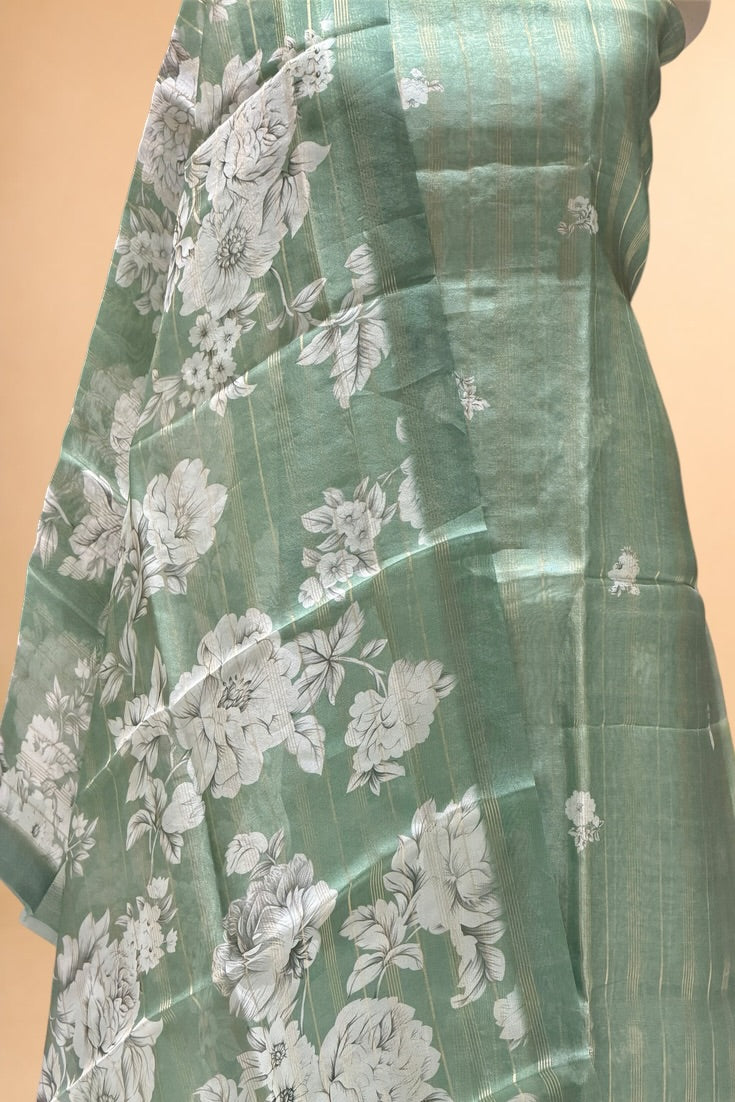 Sage Green Printed Banarasi Pure Organza Silk Suit Set