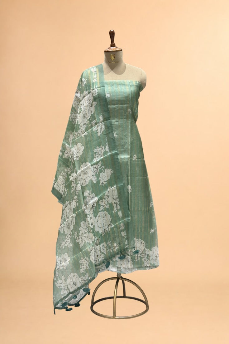 Sage Green Printed Banarasi Pure Organza Silk Suit Set
