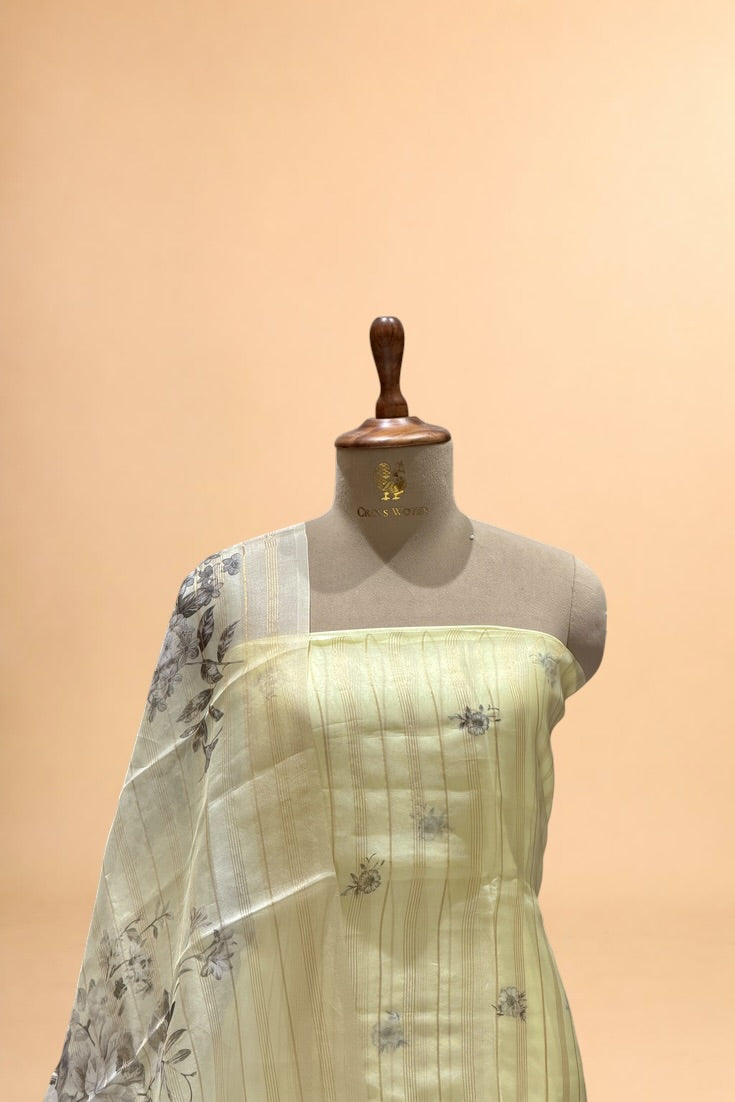 Pastel Yellow Printed Banarasi Pure Organza Silk Suit Set