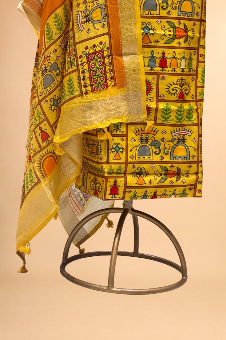 Mustard Yellow Printed Pure Mul Unstitched Suit Set