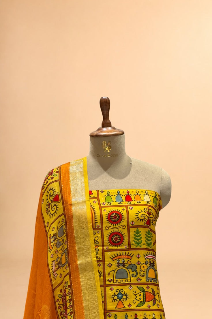 Mustard Yellow Printed Pure Mul Unstitched Suit Set