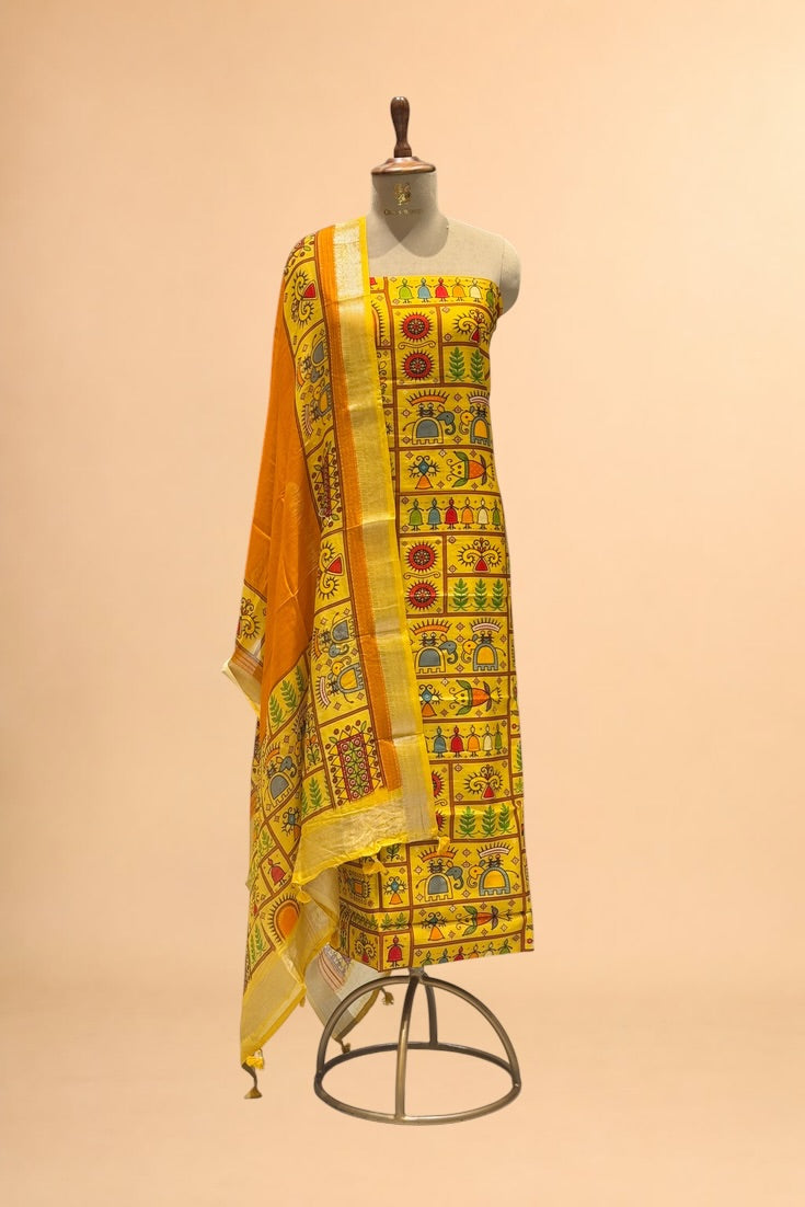 Mustard Yellow Printed Pure Mul Unstitched Suit Set