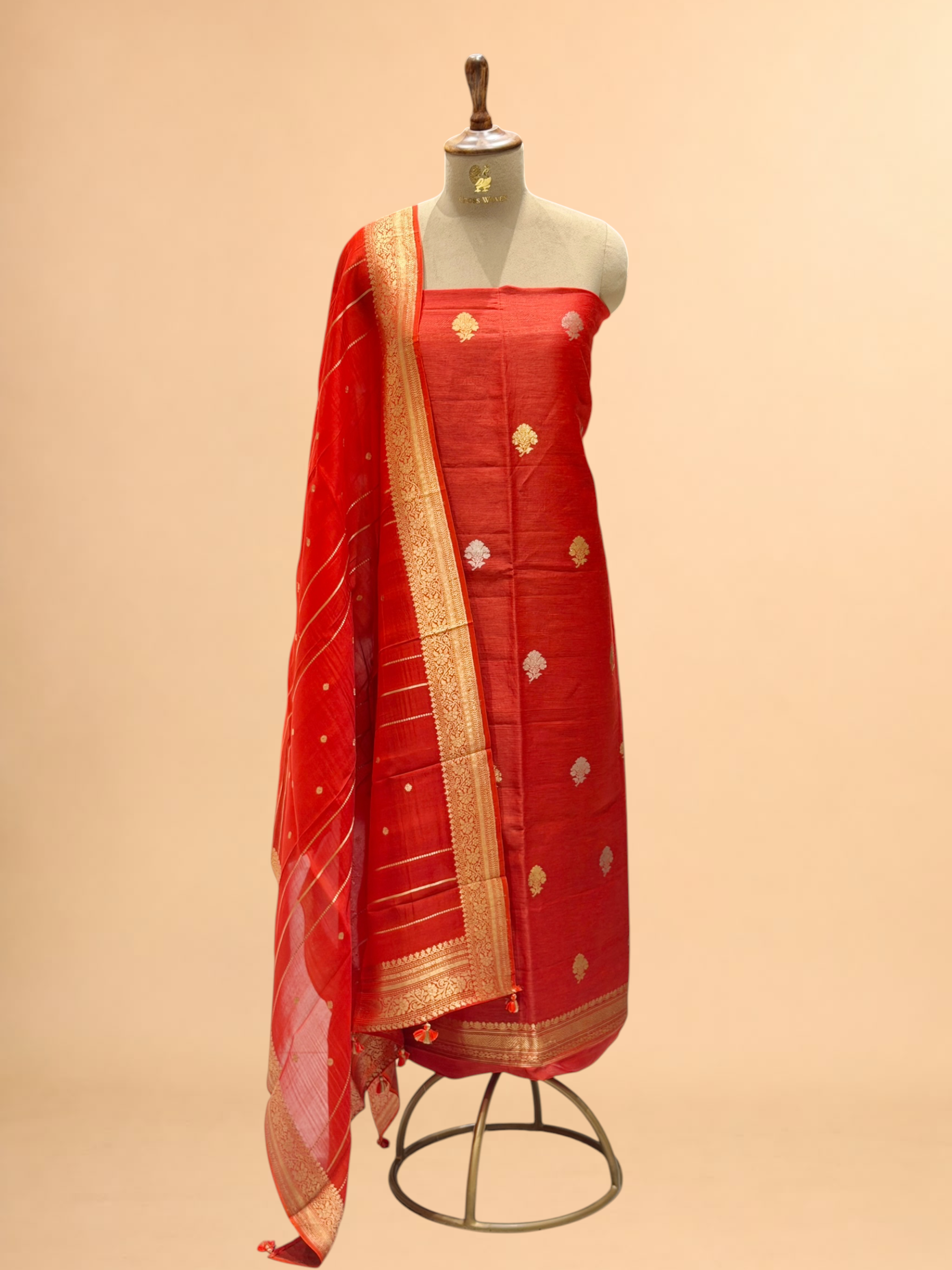 Deep Red Linen Floral Suit Set with Organza Dupatta