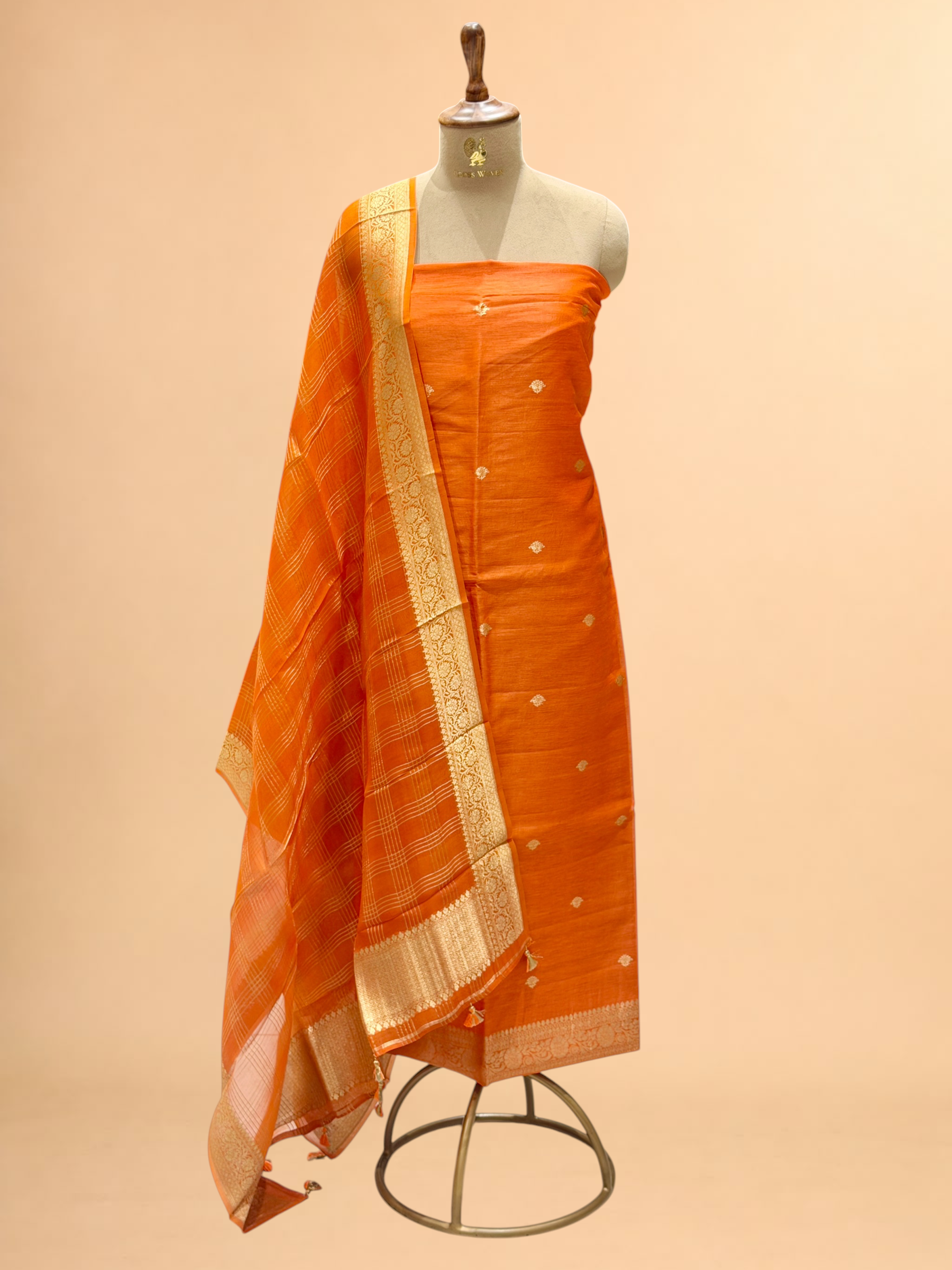 Burnt Orange Linen Floral Suit Set with Organza Dupatta