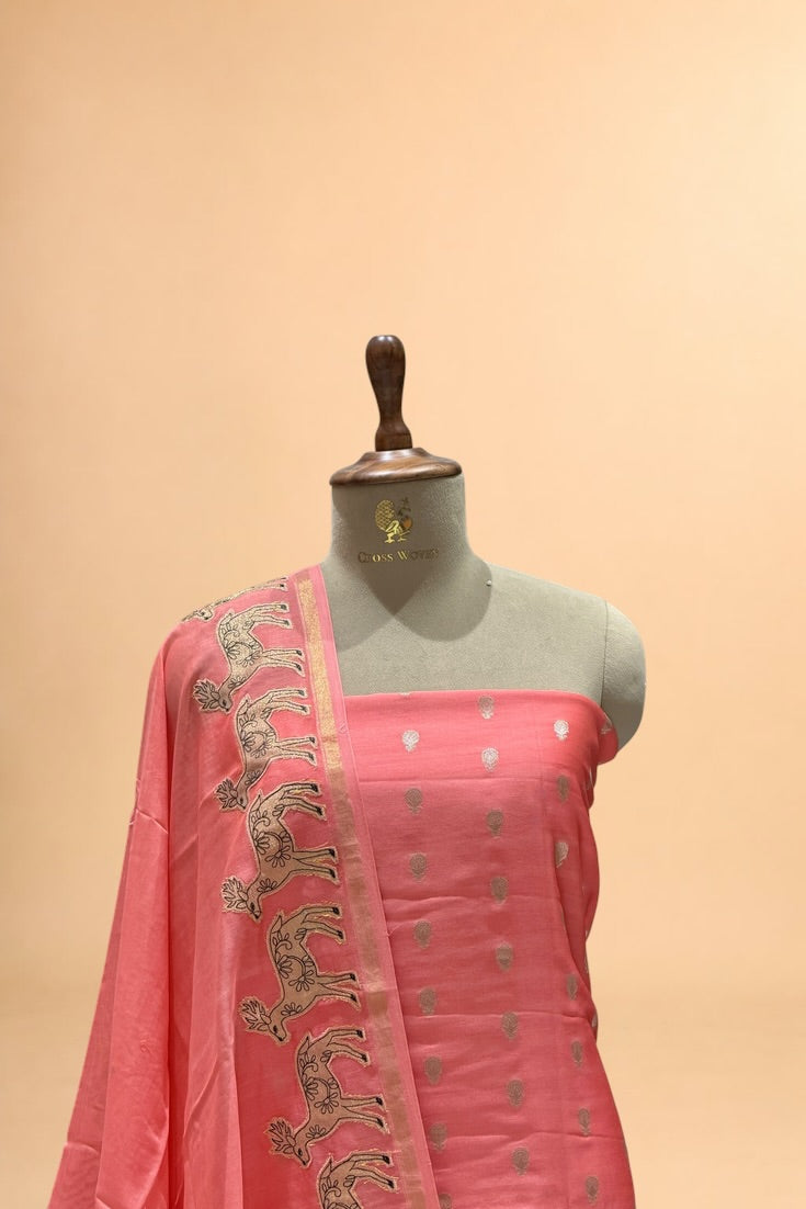 Coral Pink Pure Chanderi Silk Unstitched Suit Set with Tissue Appliqué Dupatta