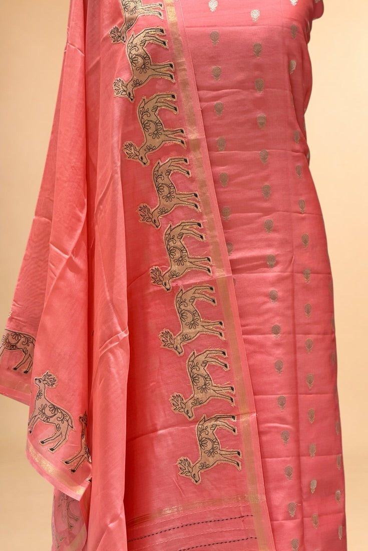 Coral Pink Pure Chanderi Silk Unstitched Suit Set with Tissue Appliqué Dupatta