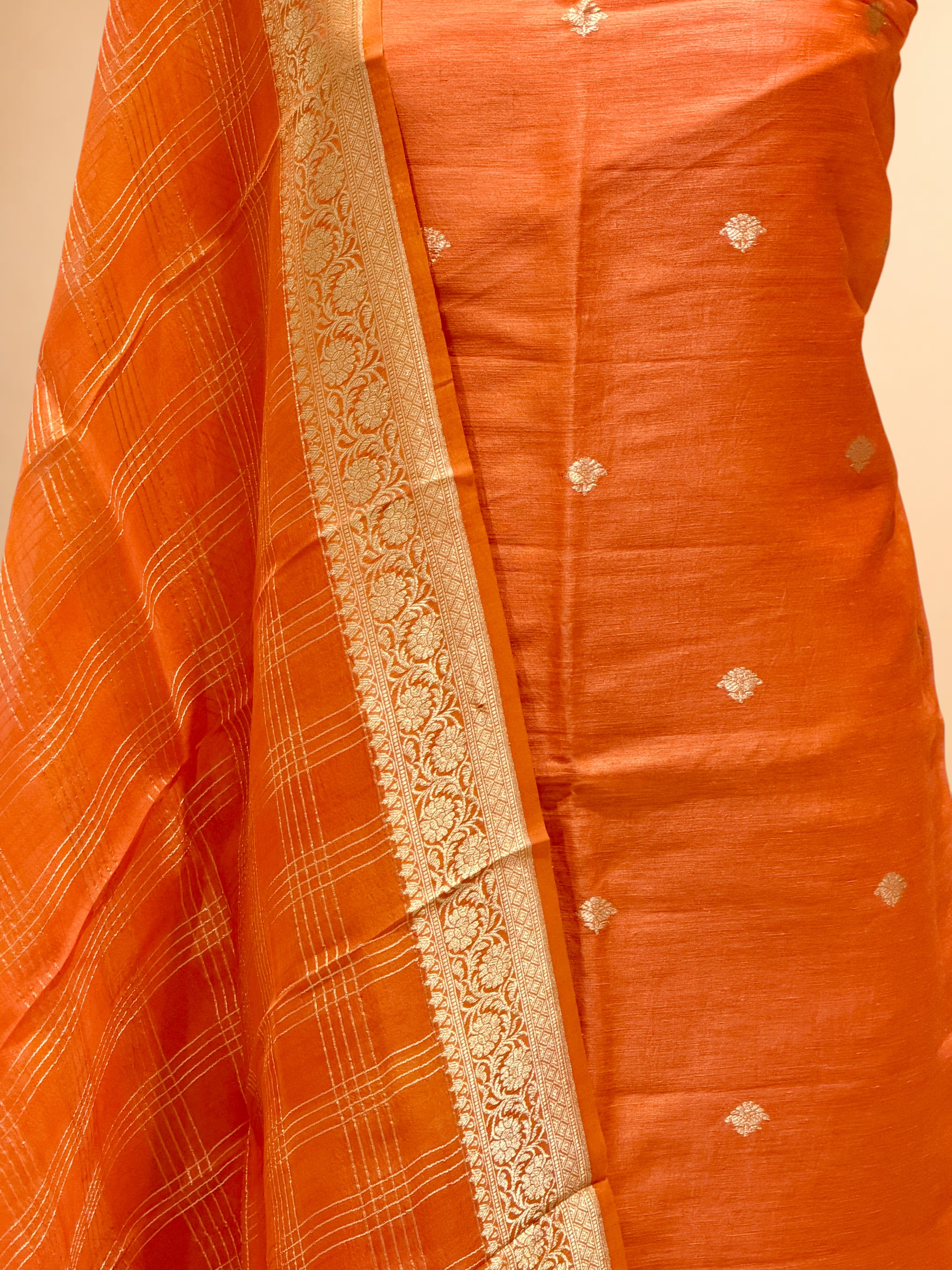 Burnt Orange Linen Floral Suit Set with Organza Dupatta