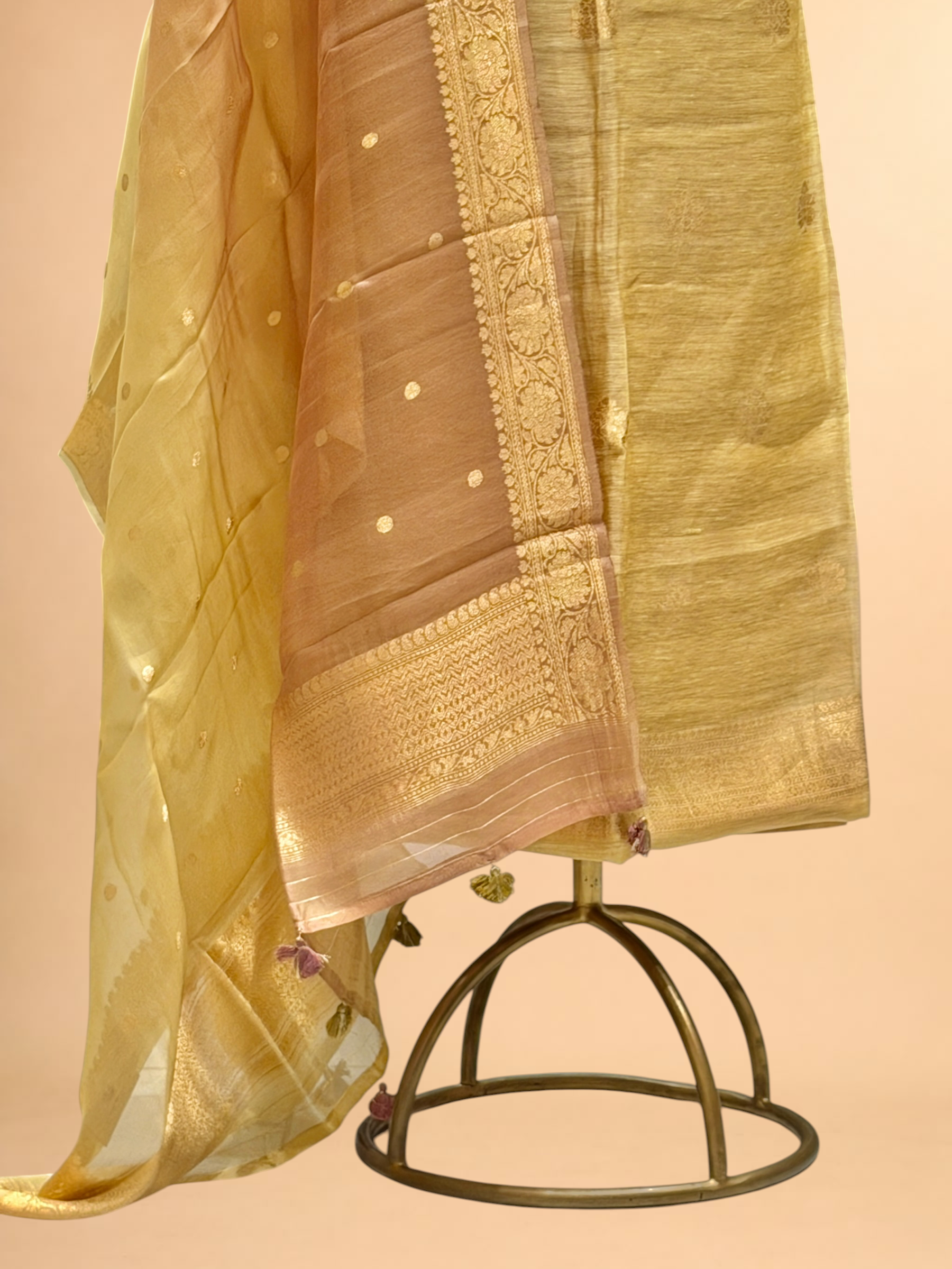 Dusty Gold Linen Floral Suit Set with ombré Dupatta