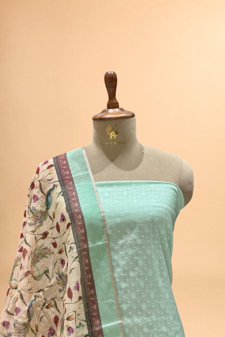 Mint Green Pure Cotton Unstitched Suit Set with Linen Dupatta