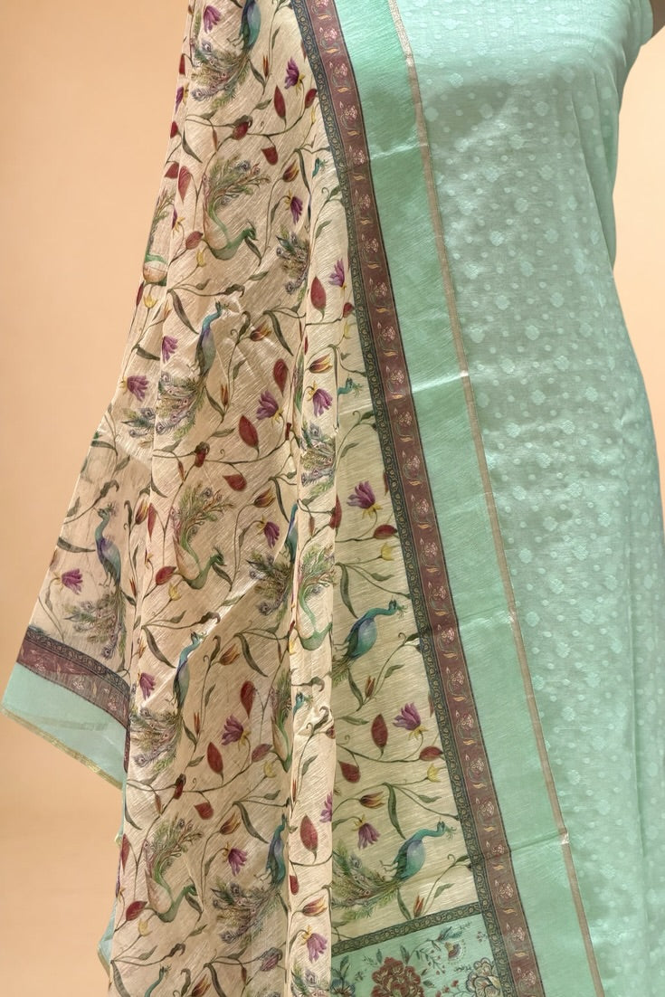 Mint Green Pure Cotton Unstitched Suit Set with Linen Dupatta