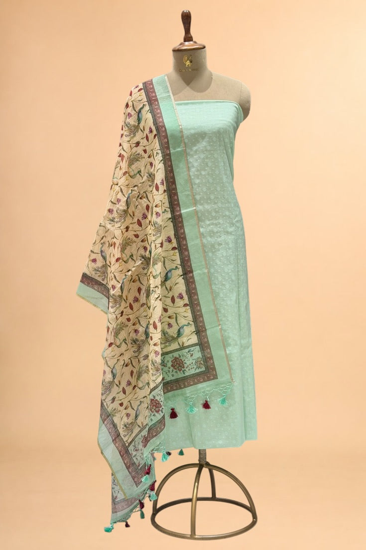 Mint Green Pure Cotton Unstitched Suit Set with Linen Dupatta