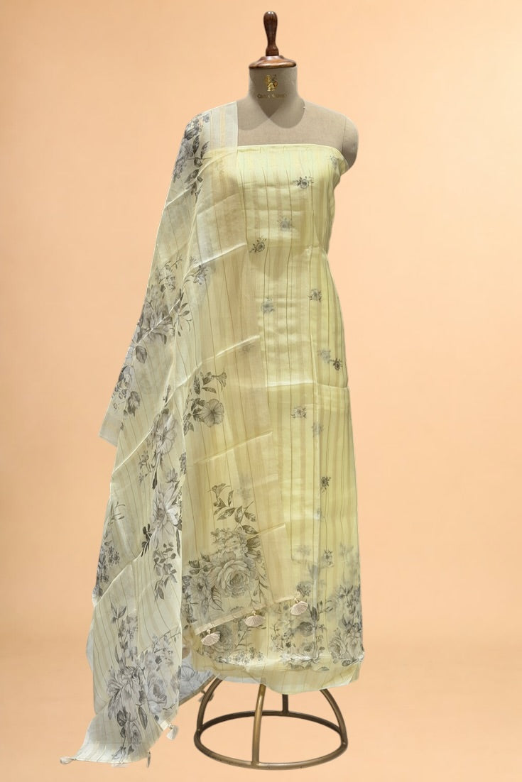 Pastel Yellow Printed Banarasi Pure Organza Silk Suit Set