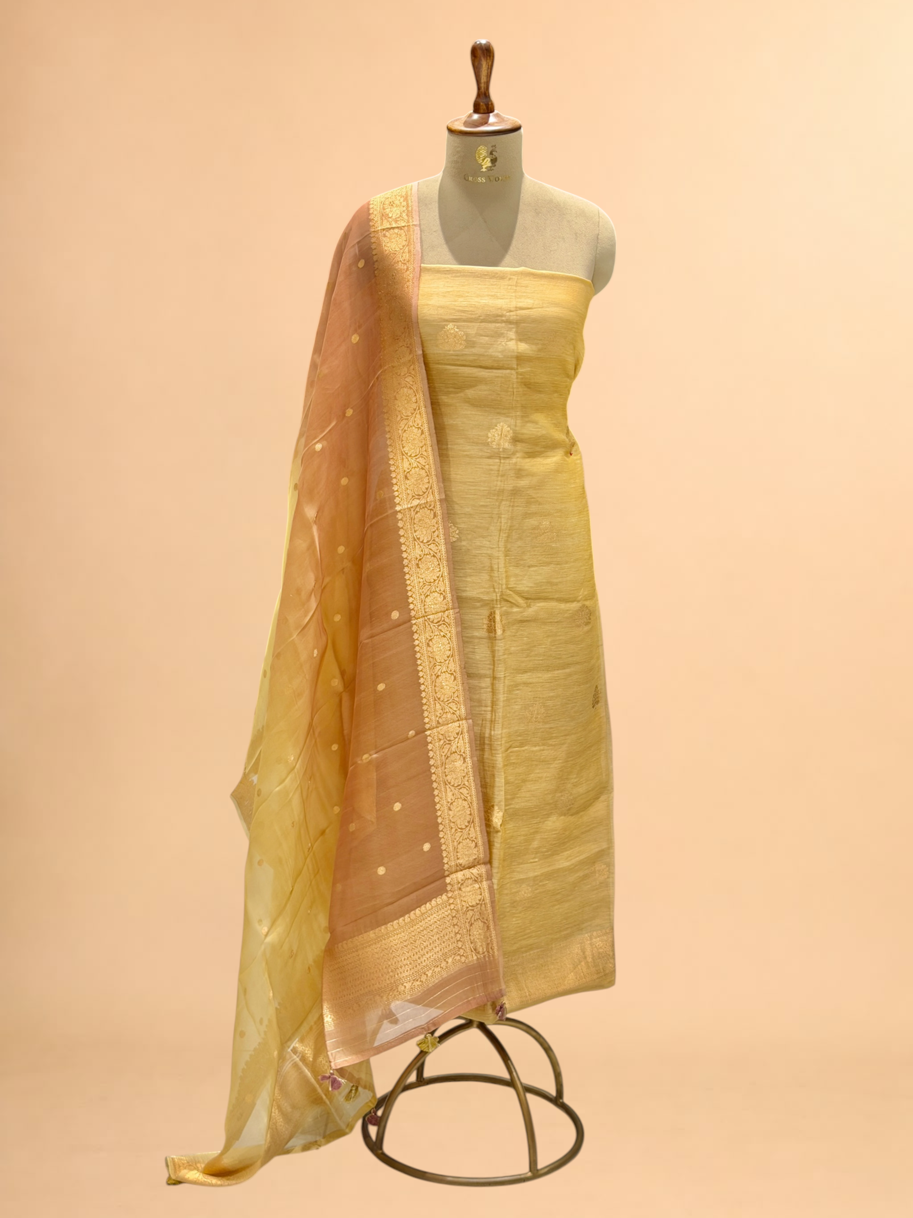 Dusty Gold Linen Floral Suit Set with ombré Dupatta