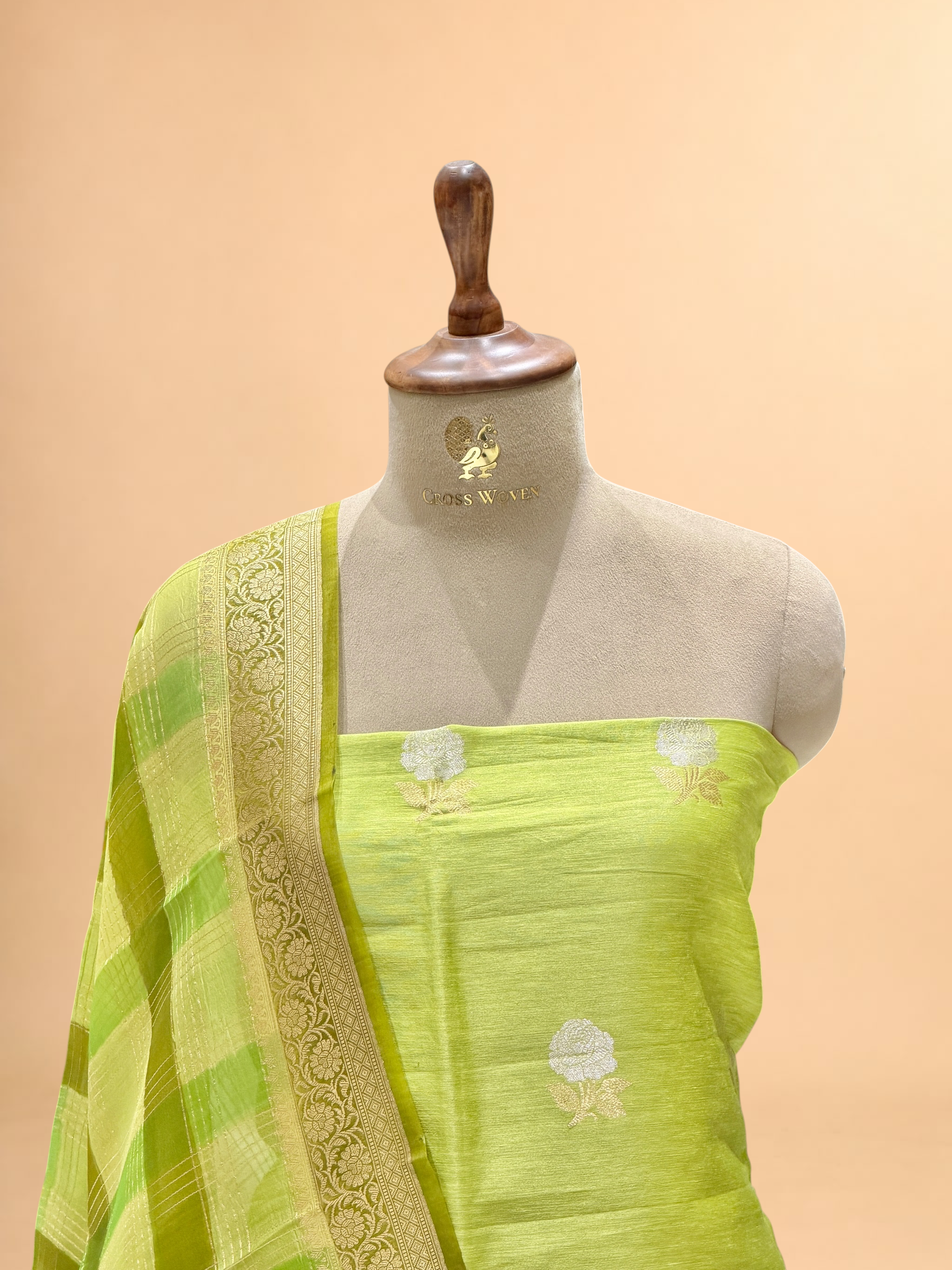 lime Green Linen Floral Suit Set with Organza Dupatta