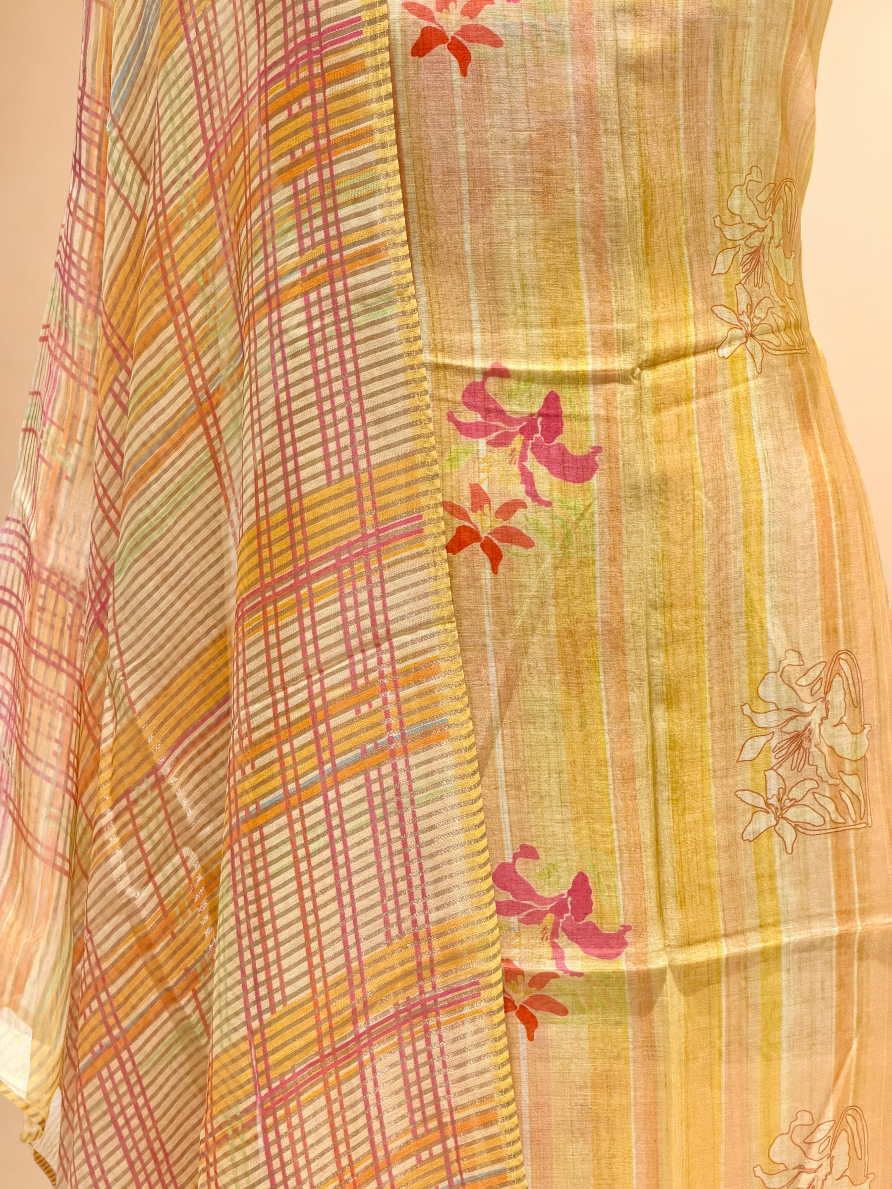 Pastel Lemon Yellow Mul Print Suit Set with Tissue Stripe Dupatta