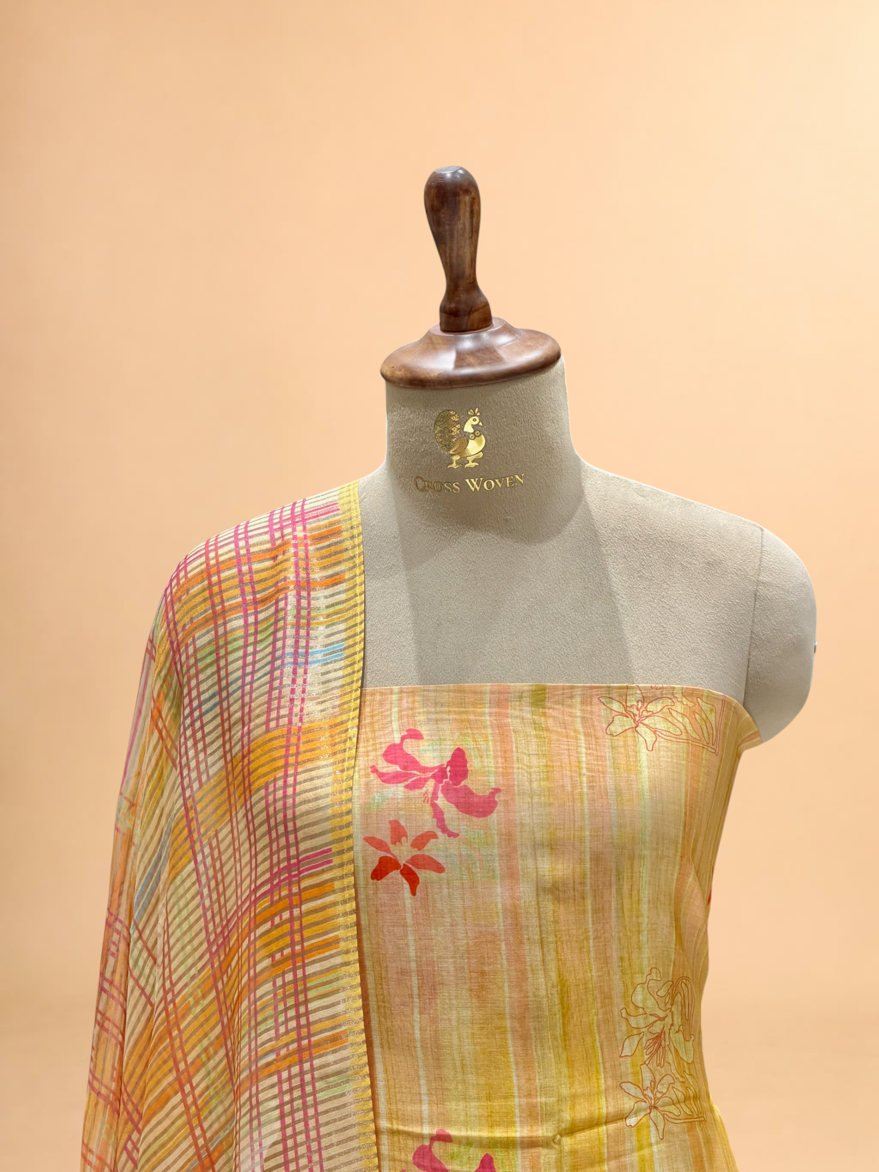 Pastel Lemon Yellow Mul Print Suit Set with Tissue Stripe Dupatta