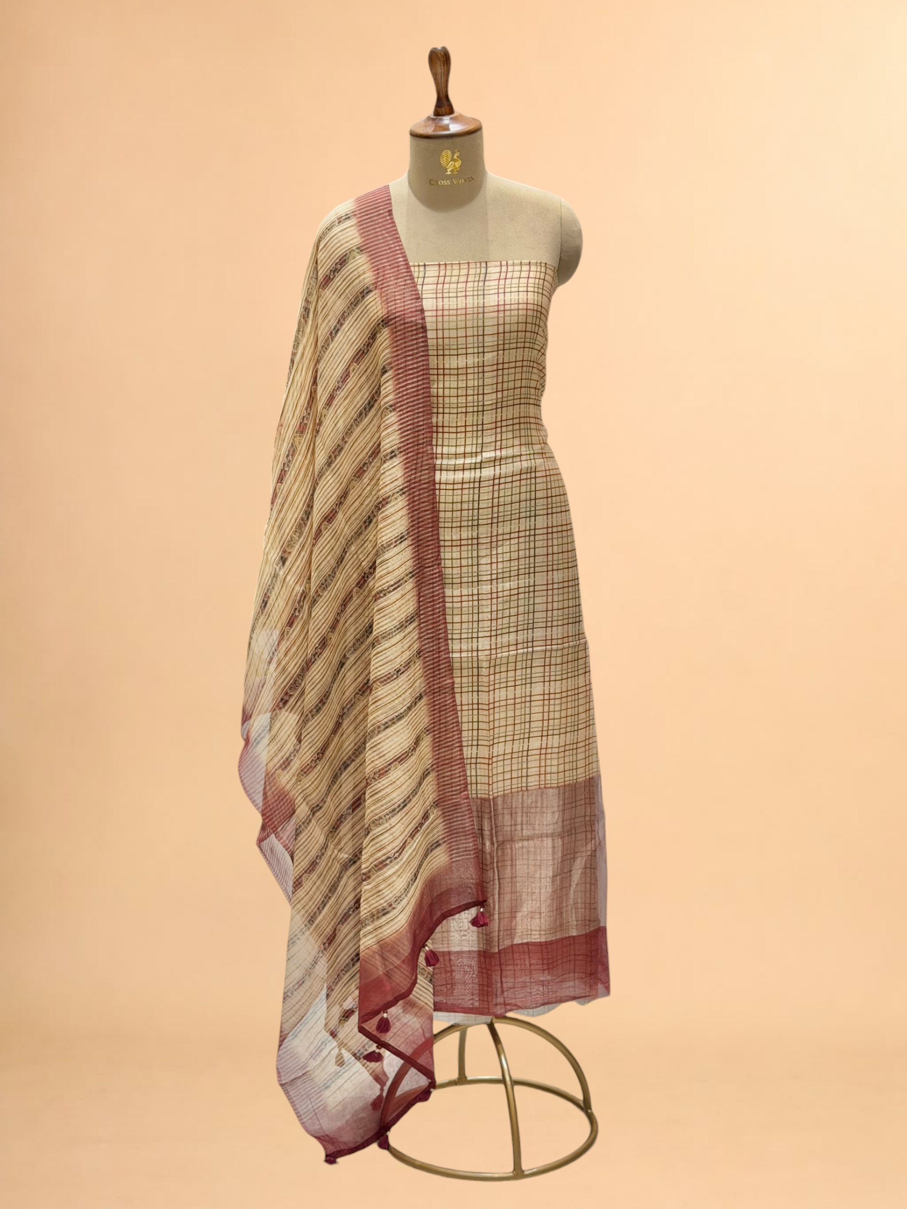 Ivory Checkered Mul Print Suit Set with Printed Dupatta