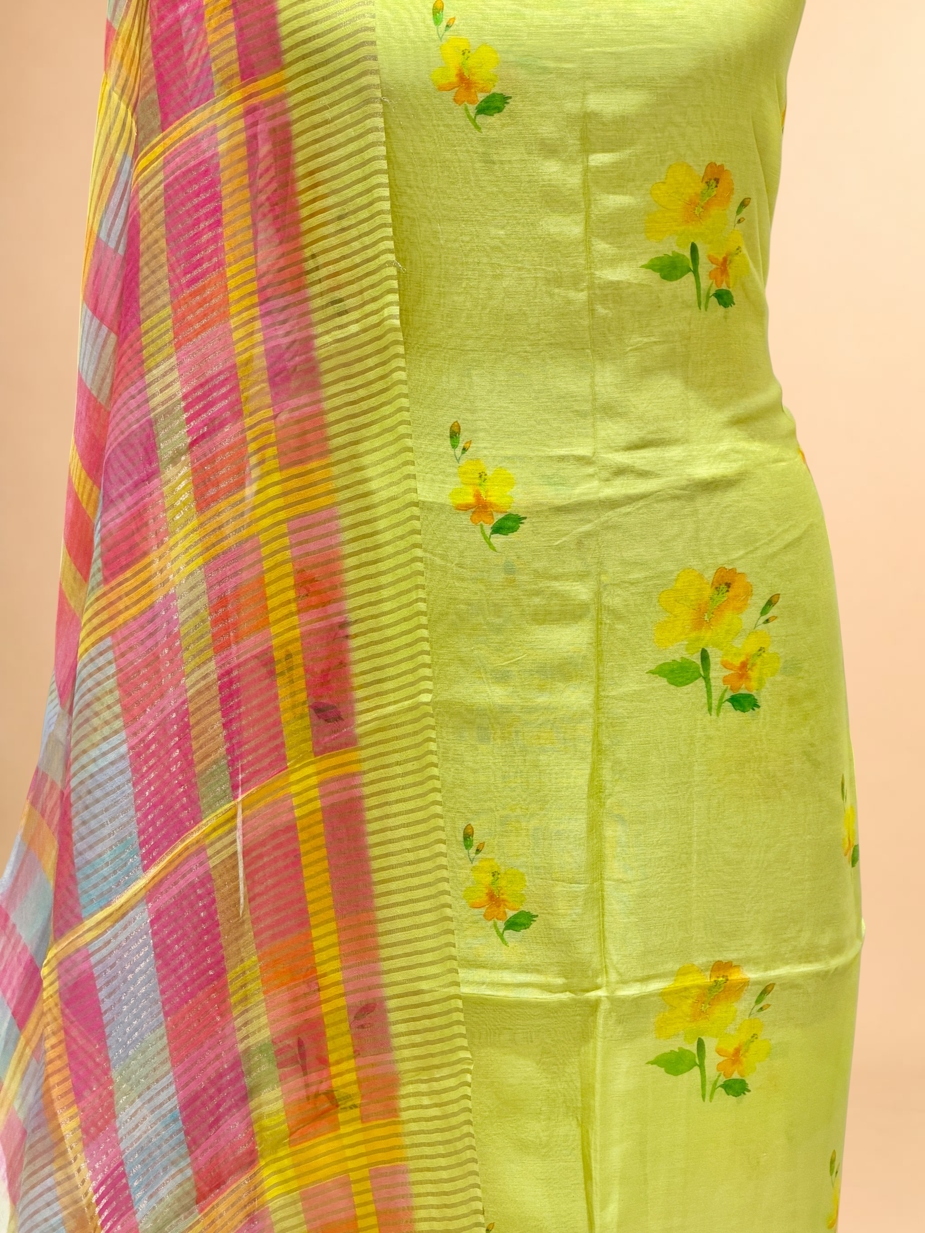 Lime Green Floral Printed Mul Suit Set with Checked Dupatta