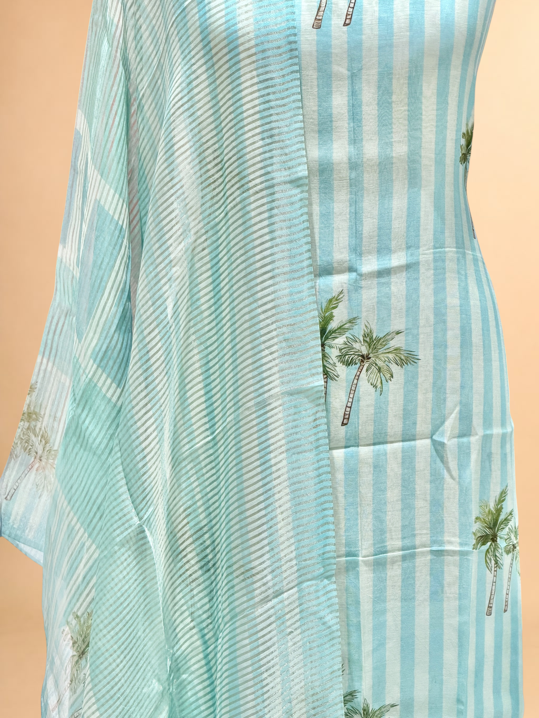 Sky Blue Palm Print Mul Suit Set with Tissue Stripe Dupatta