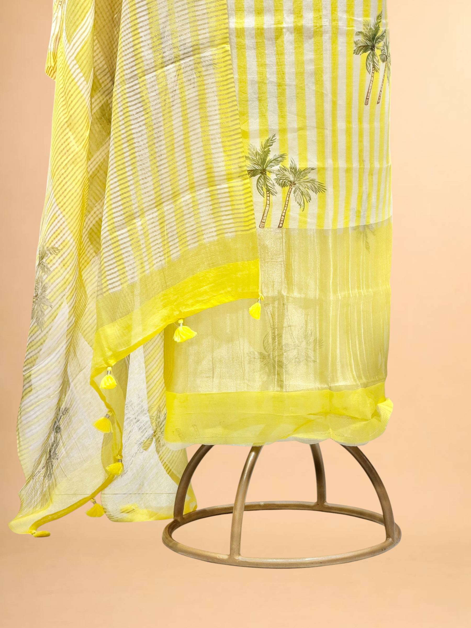 Sunshine Yellow Palm Print Mul Suit Set with Tissue Stripe Dupatta