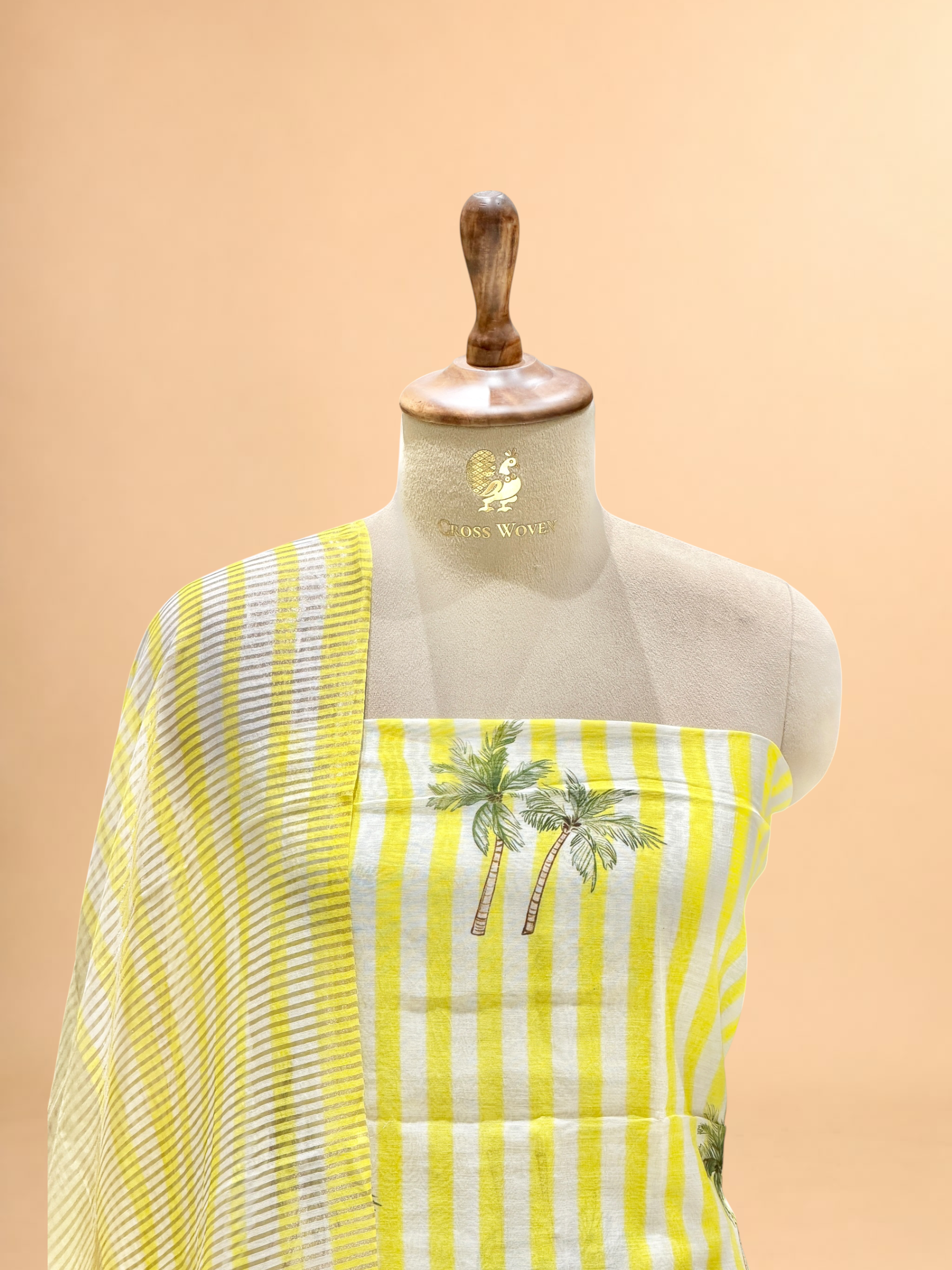 Sunshine Yellow Palm Print Mul Suit Set with Tissue Stripe Dupatta