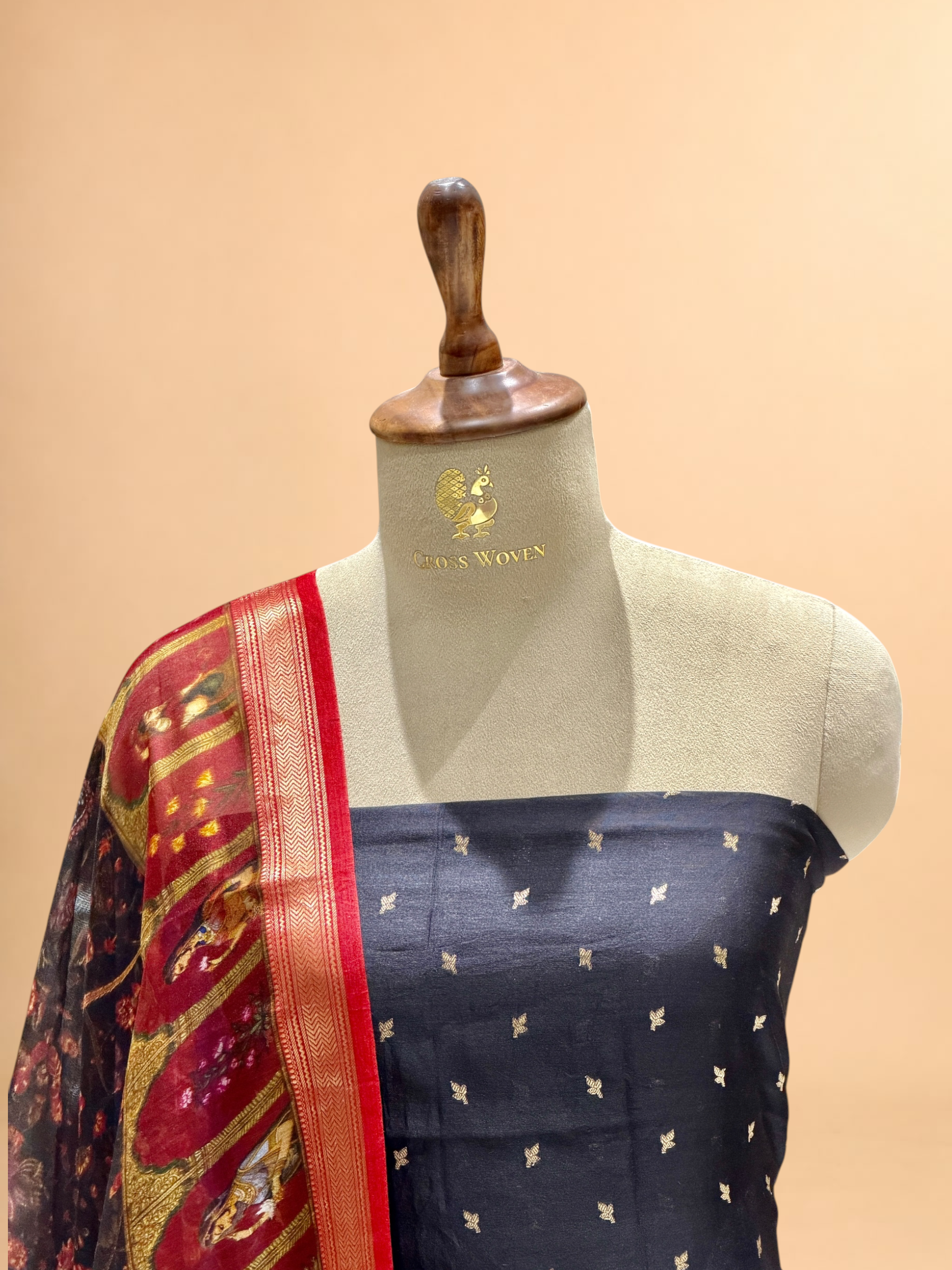 Black Chanderi Silk Suit Sets With Printed Dupatta