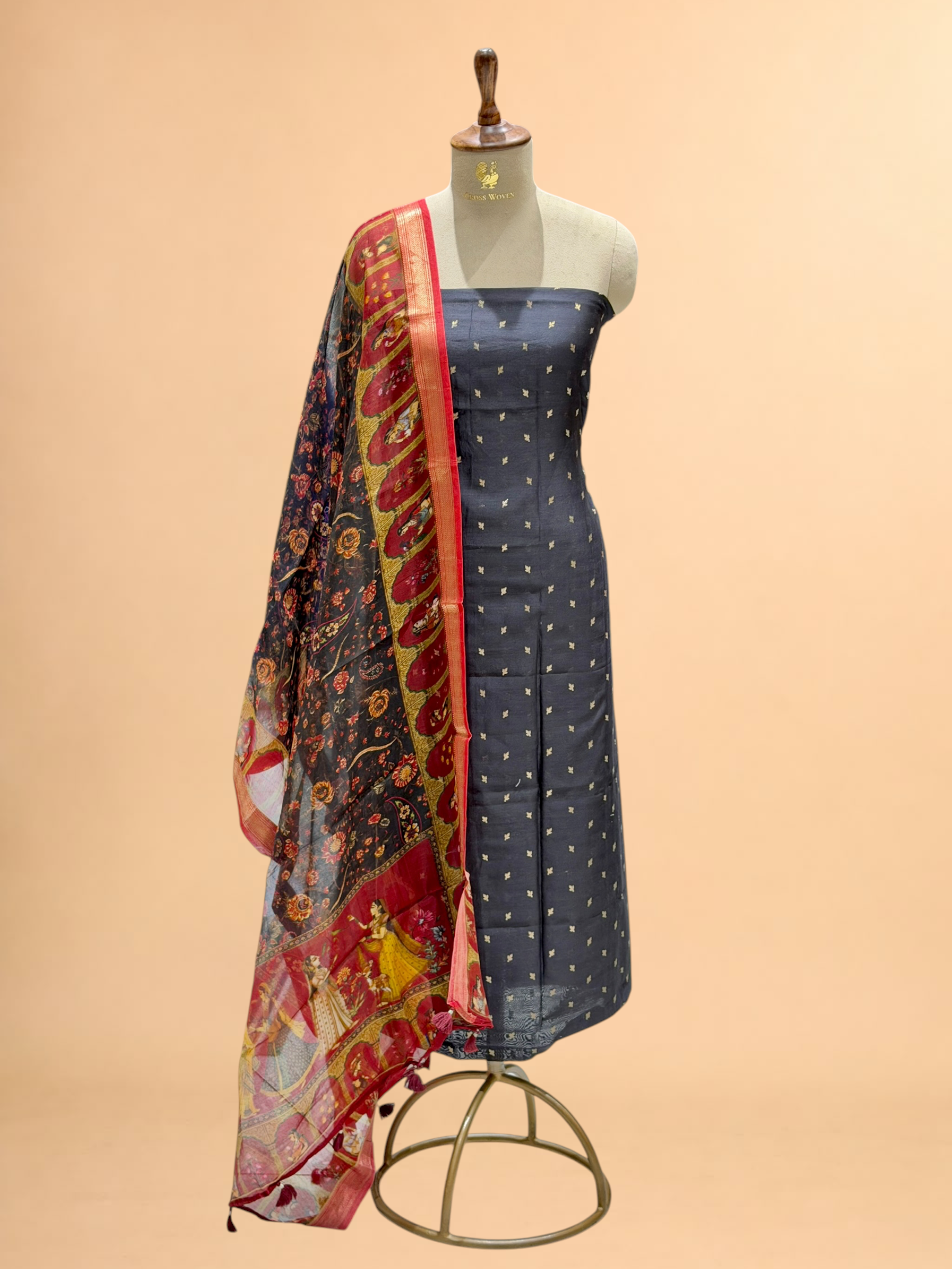 Black Chanderi Silk Suit Sets With Printed Dupatta