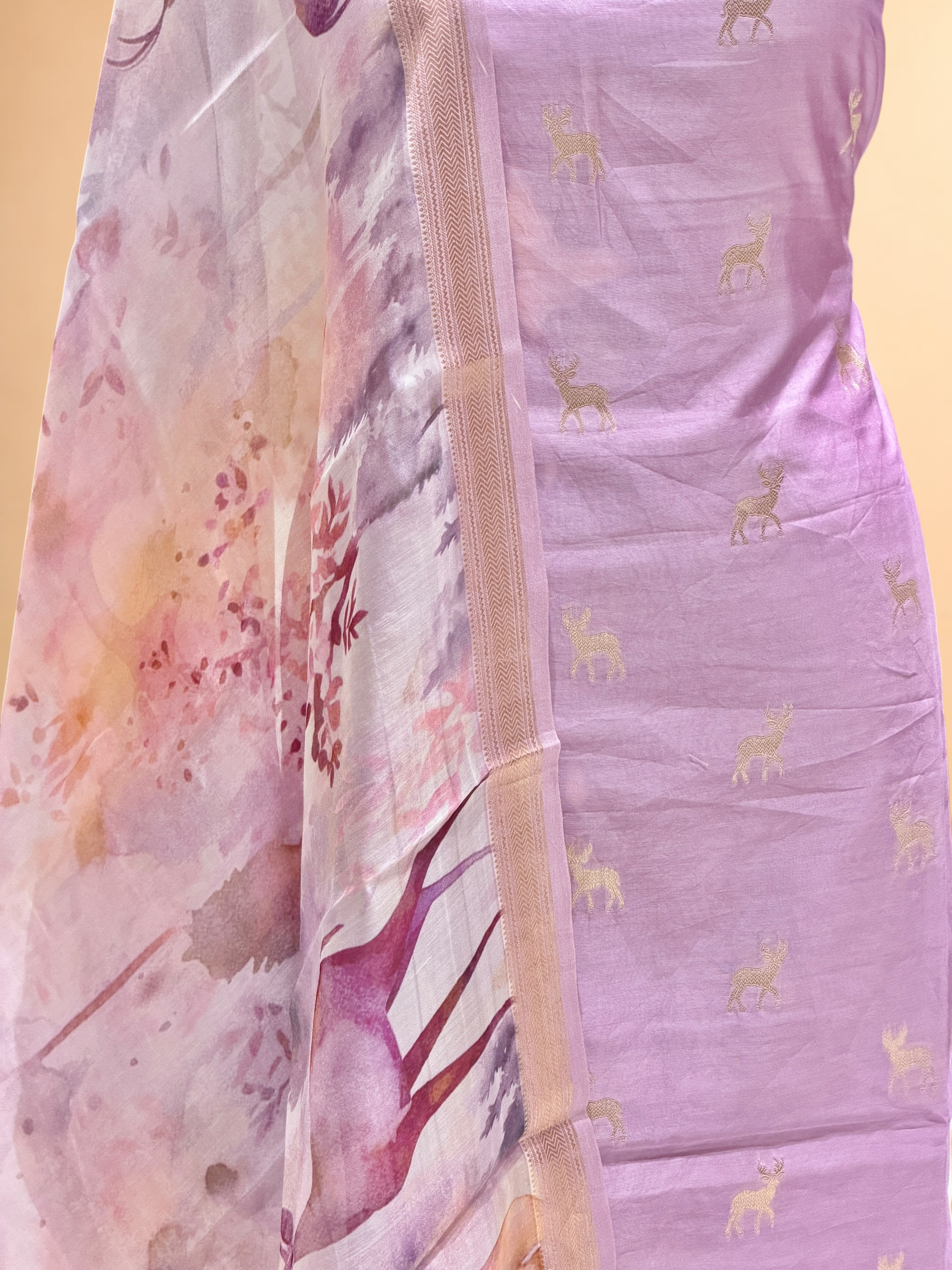 Lavender Chanderi Silk Suit Sets With Floral Printed Dupatta