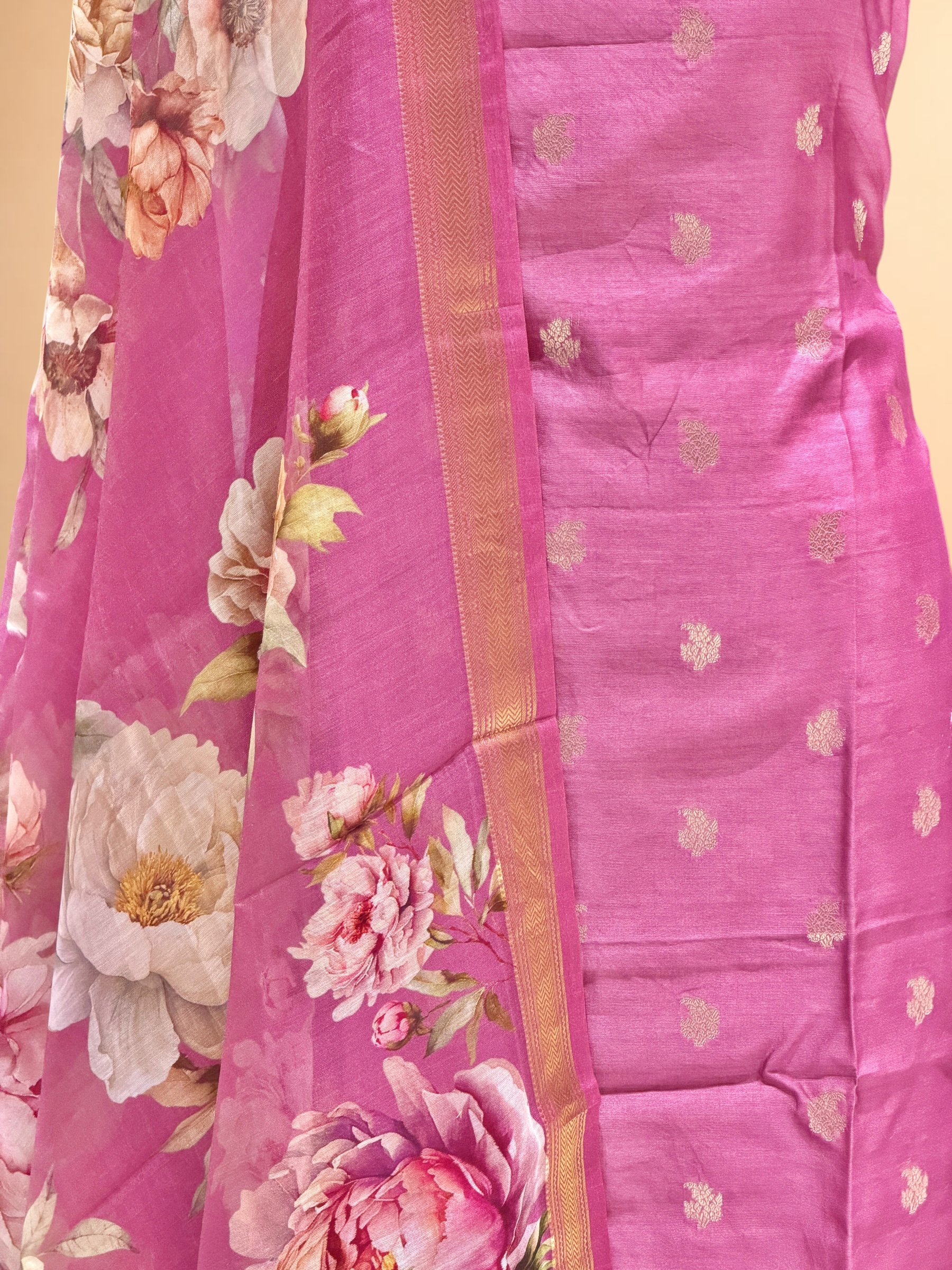 Rose Pink Chanderi Silk Suit Sets With Floral Printed Dupatta