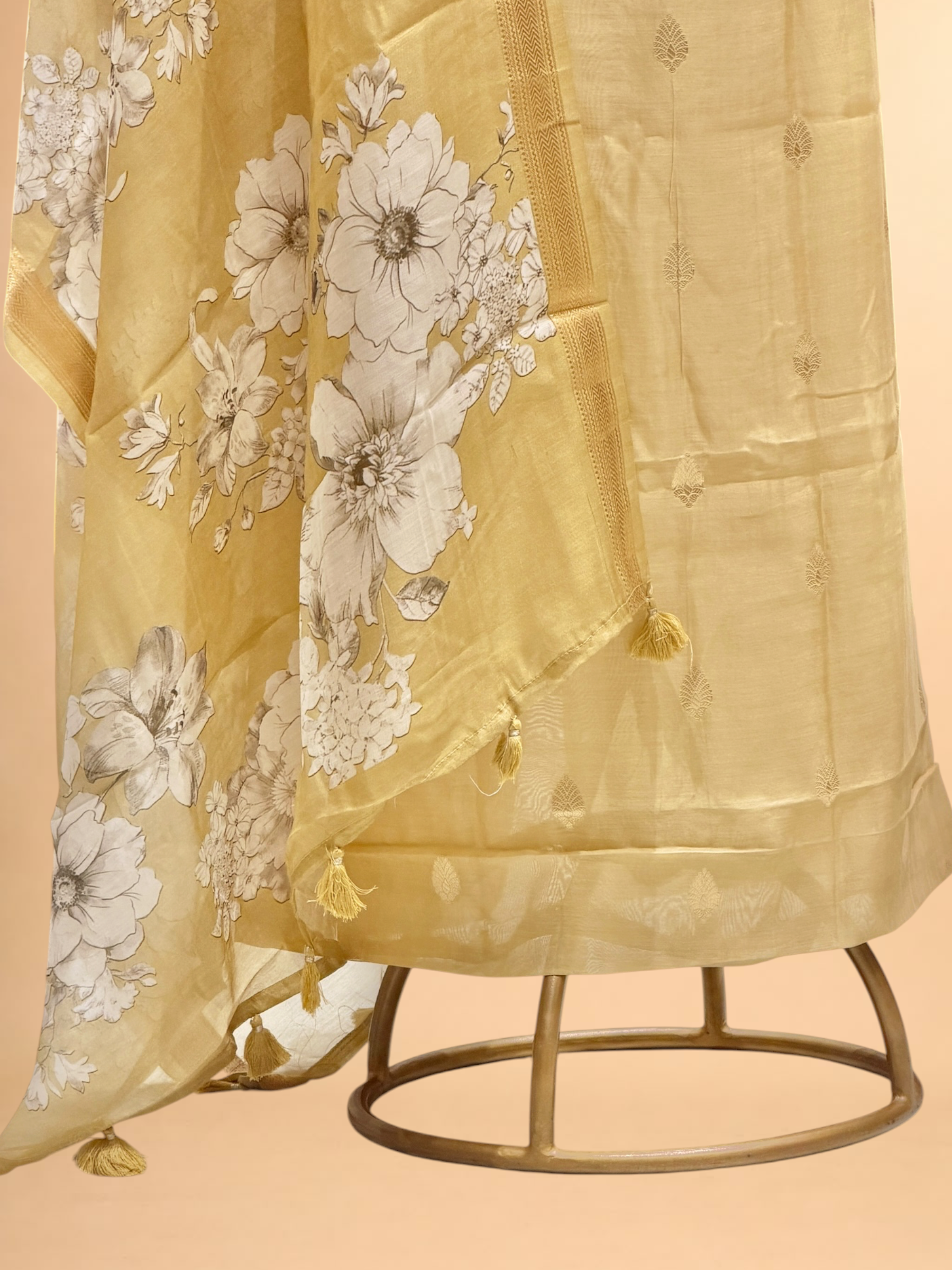 Pastel Yellow Chanderi Silk Suit Sets With Floral Printed Dupatta