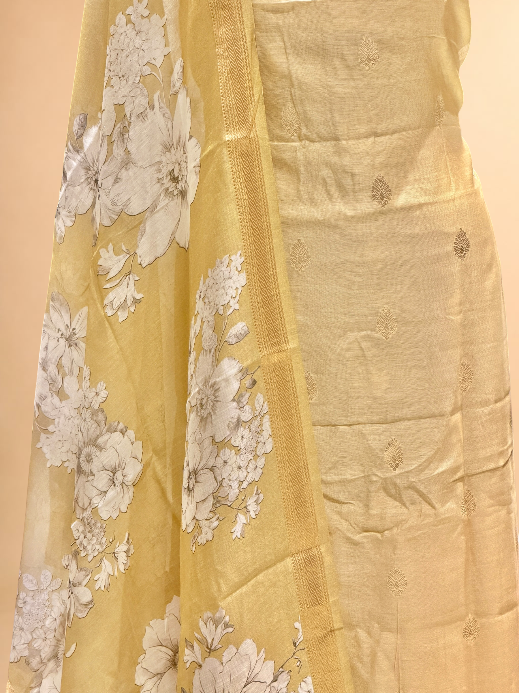 Pastel Yellow Chanderi Silk Suit Sets With Floral Printed Dupatta