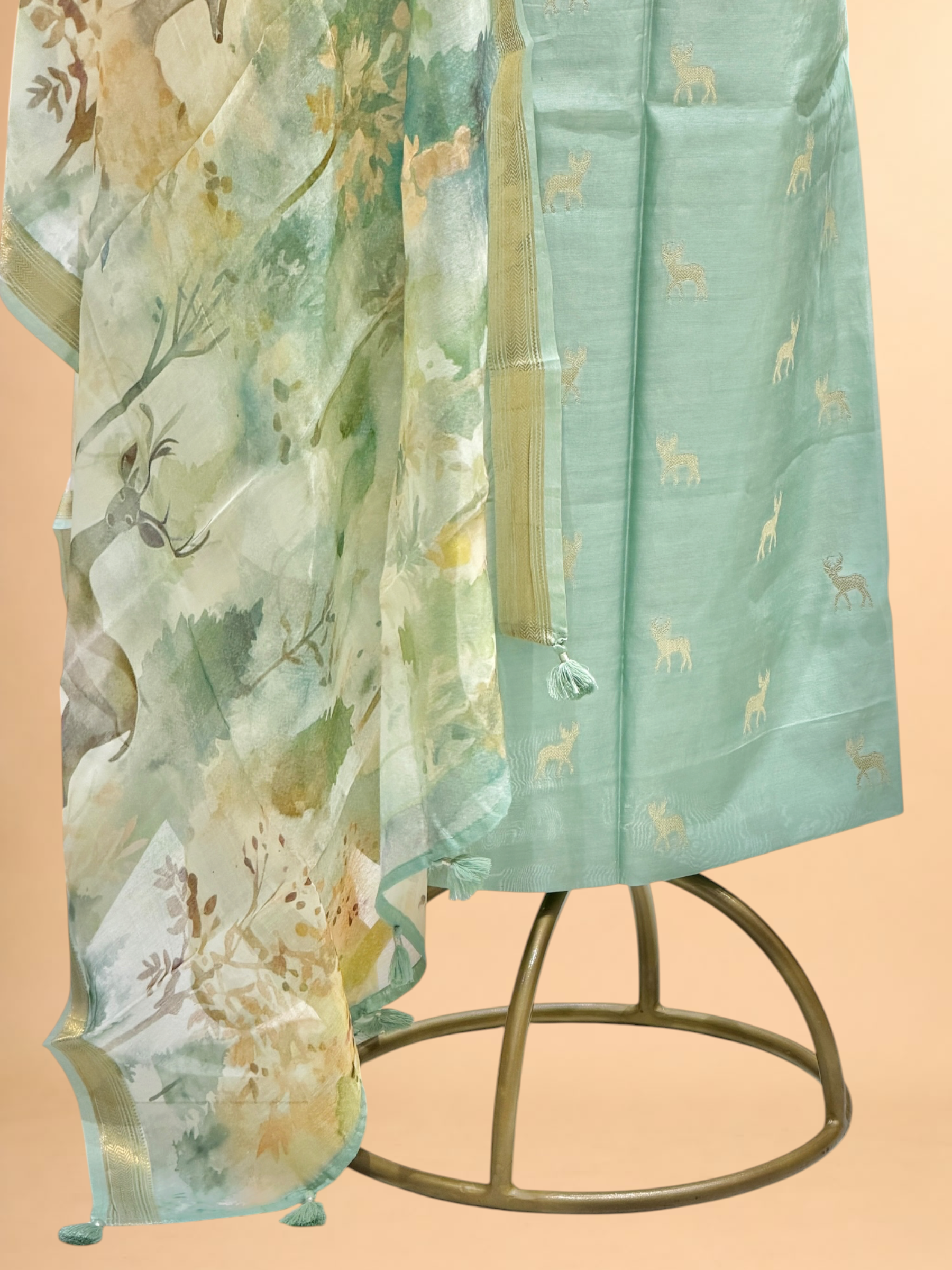 Pastel Mint Green Chanderi Silk Suit Sets With Printed Dupatta