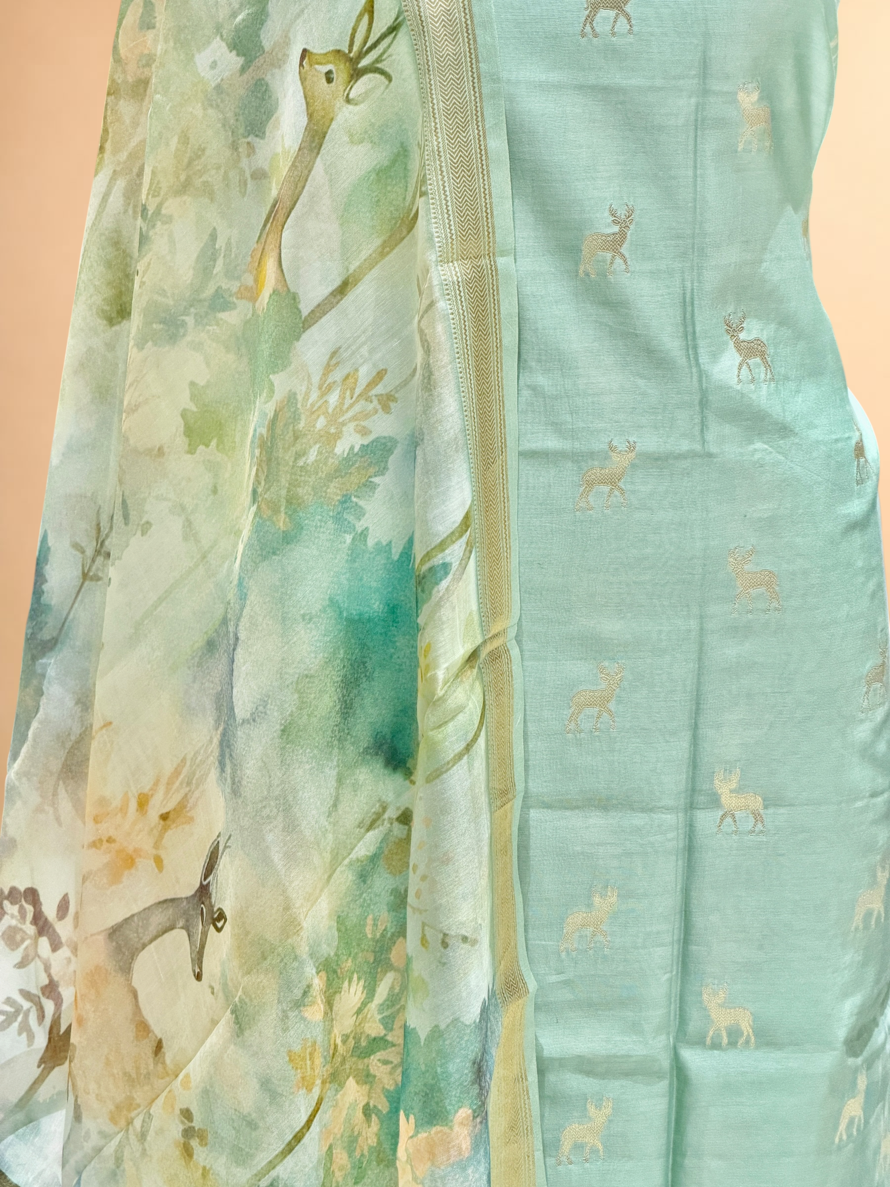 Pastel Mint Green Chanderi Silk Suit Sets With Printed Dupatta