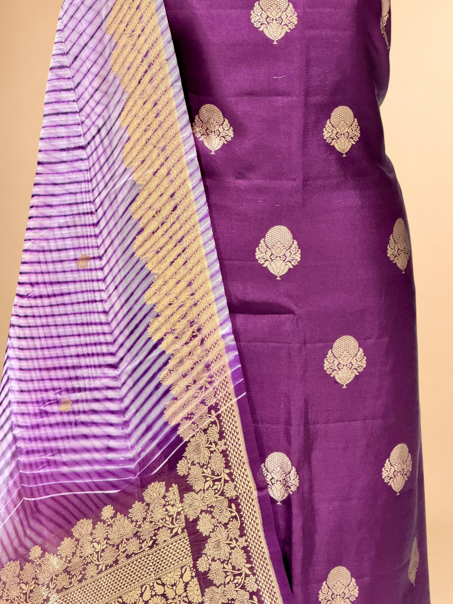 Plum Purple Soft Silk Suit Set with Arashi Dupatta
