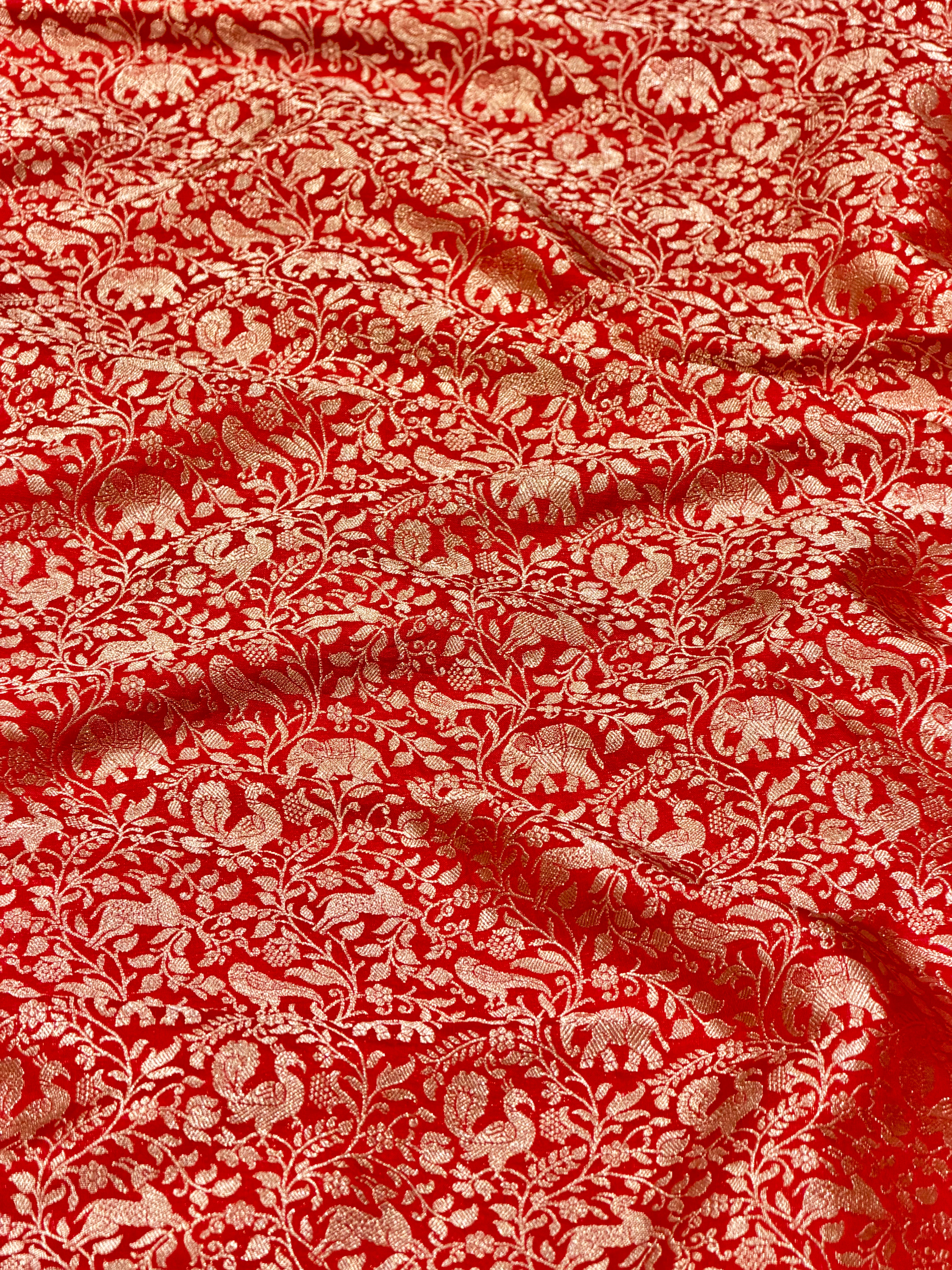 Red Shikargah Katan Silk Handloom Fabric