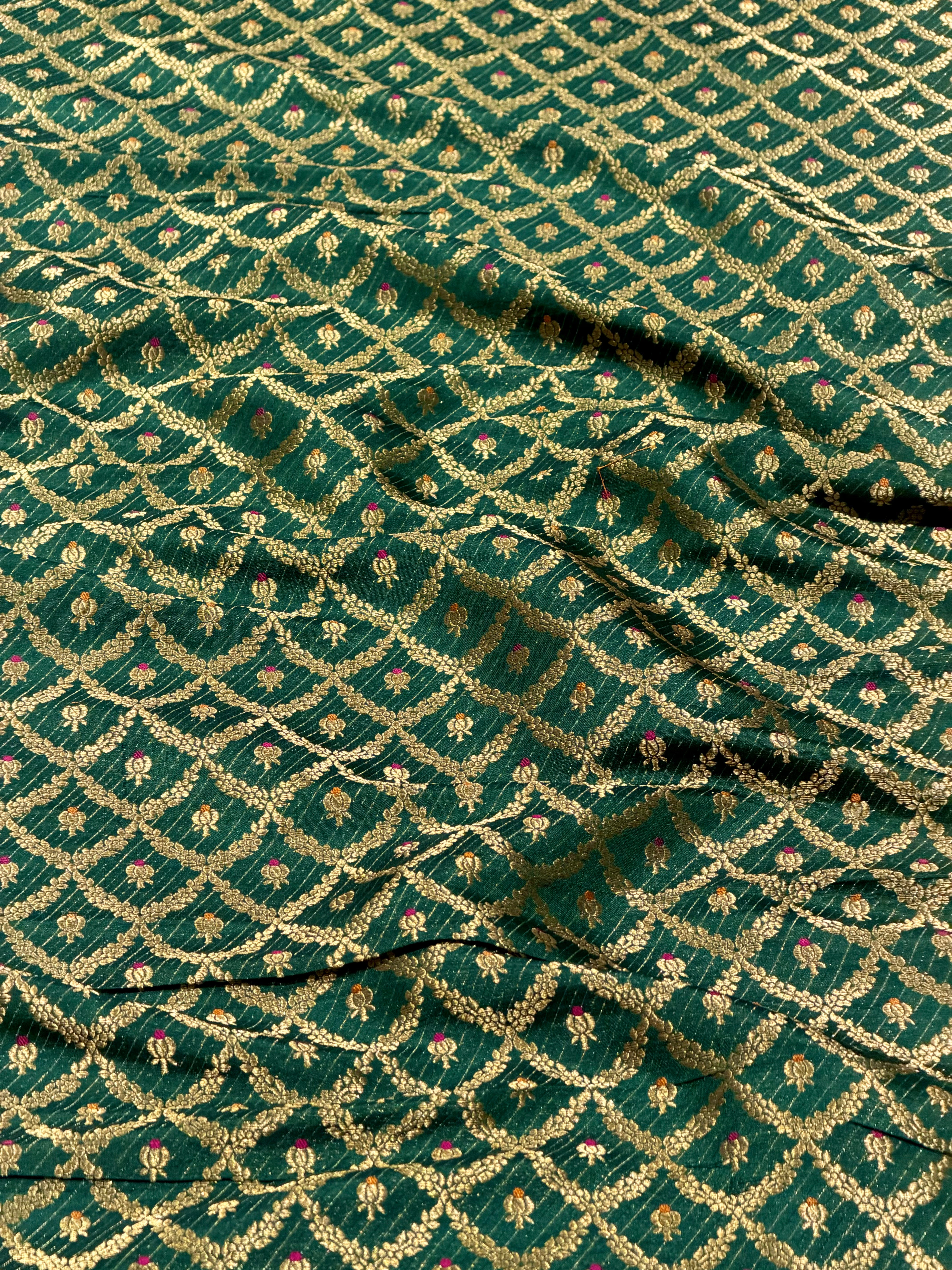 Deep Green Meenakari Brocade Katan Silk Handloom Fabric