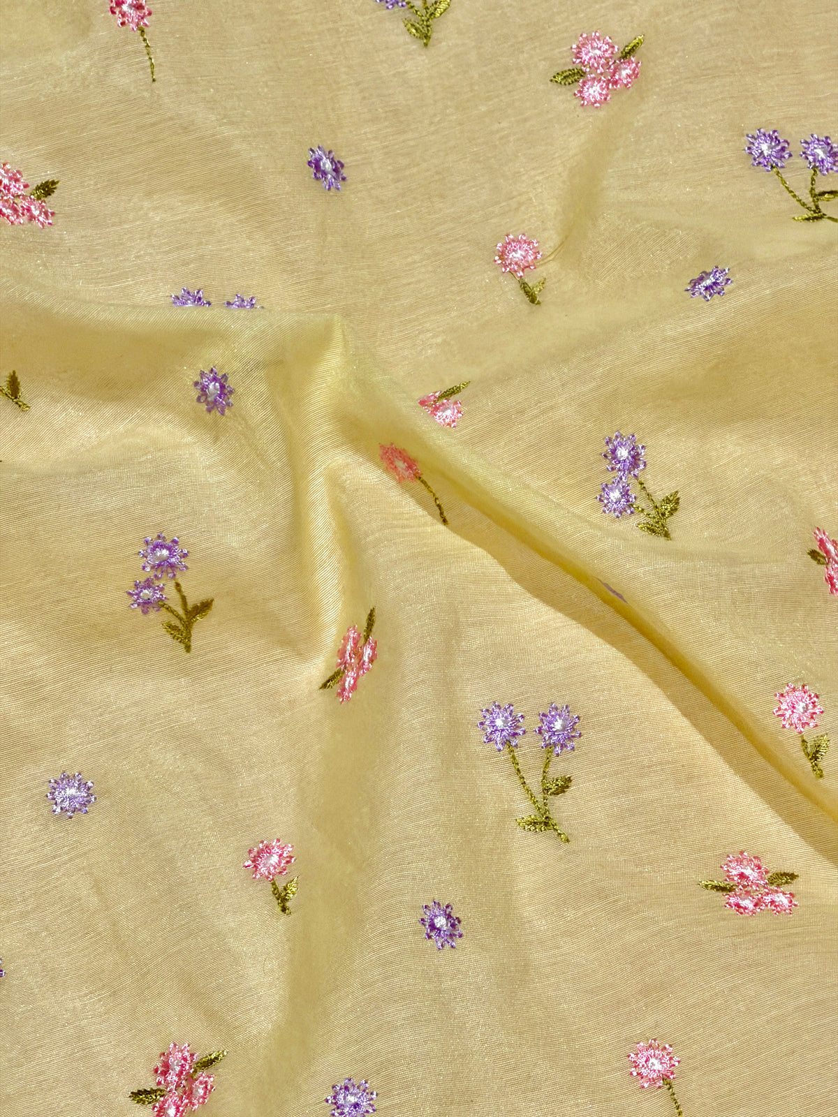 Pastel Yellow Mul Fabric with Floral Embroidered Pattern