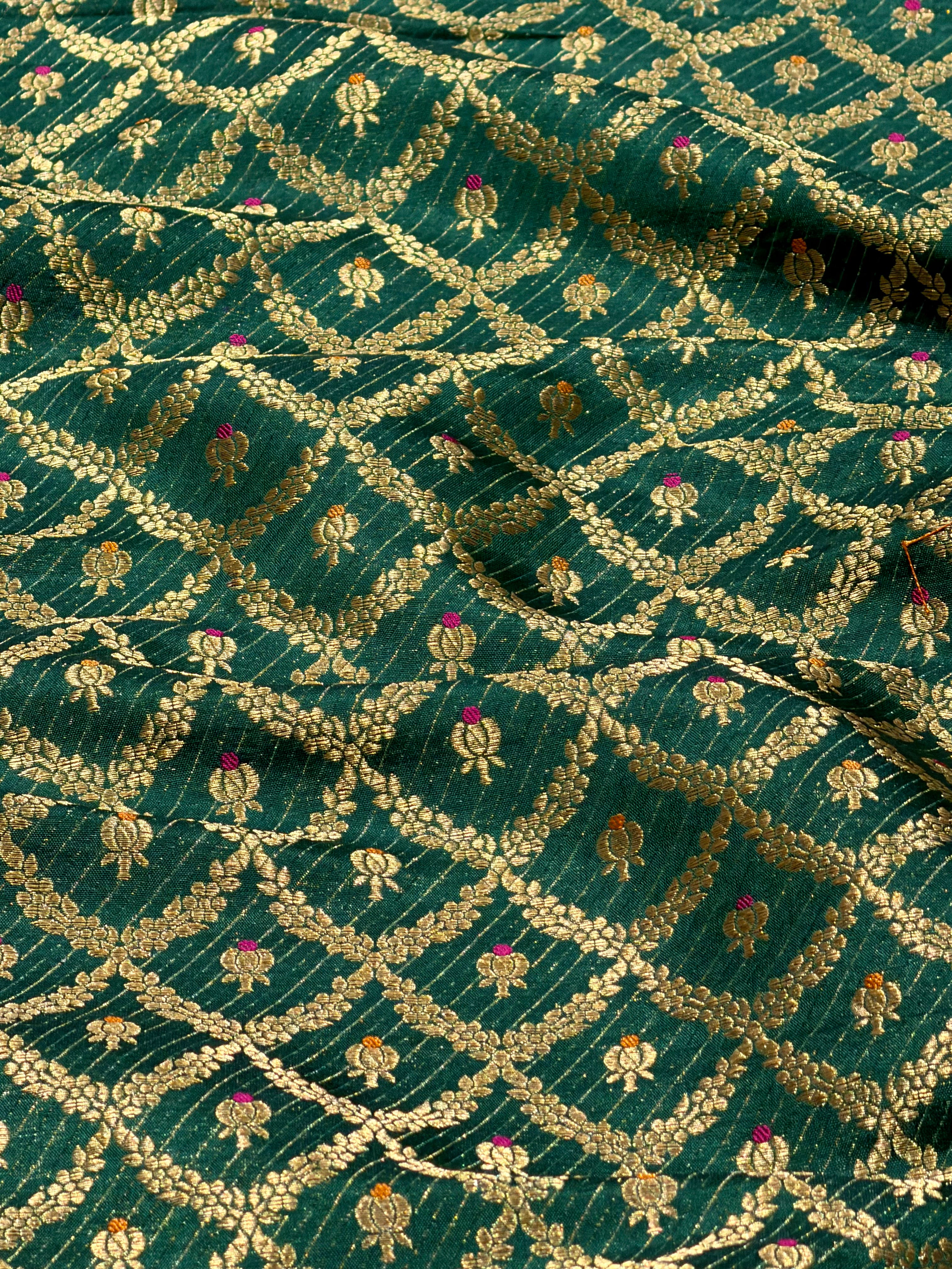 Deep Green Meenakari Brocade Katan Silk Handloom Fabric