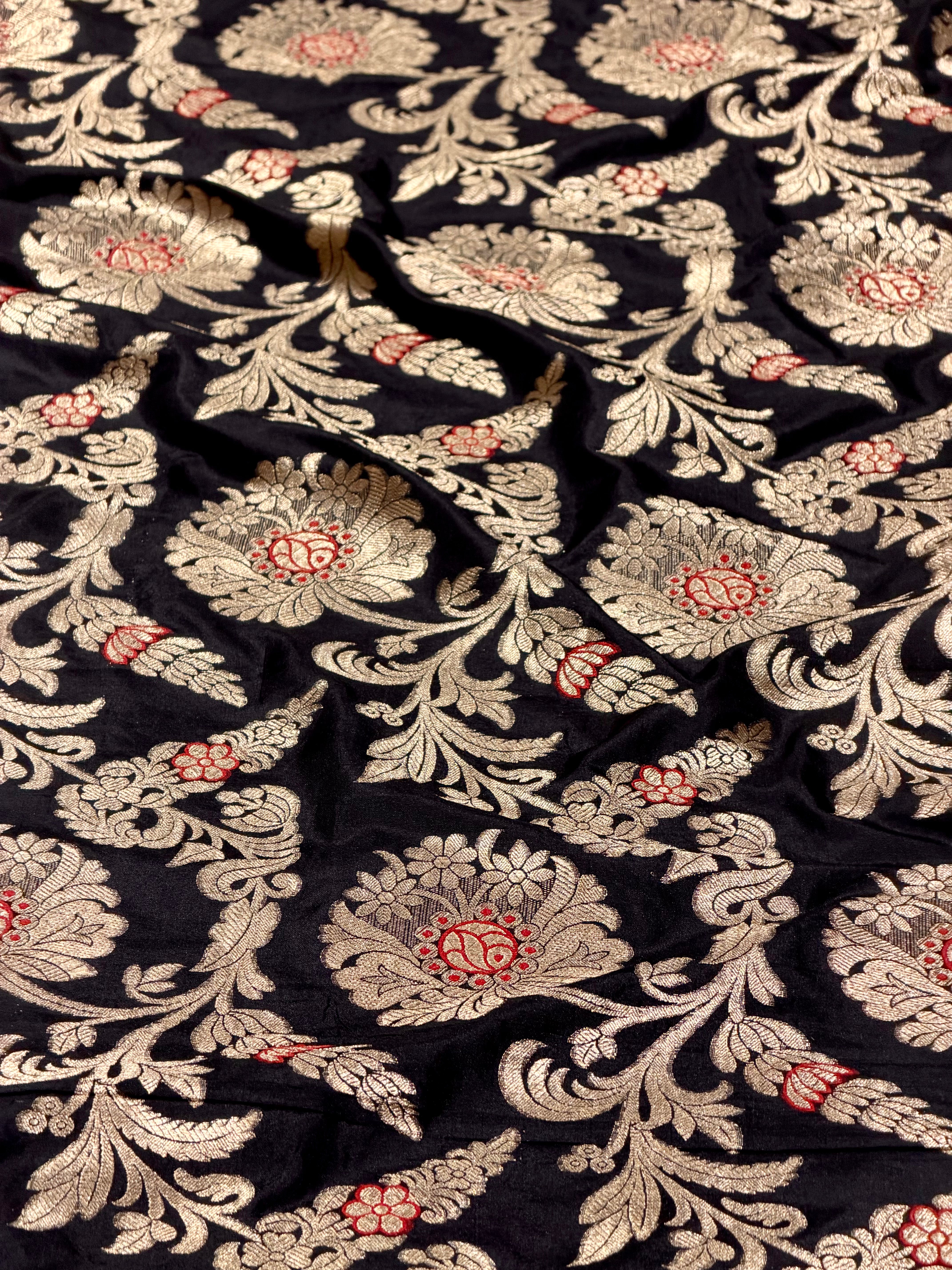 Black Meenakari Katan Silk Handloom Fabric